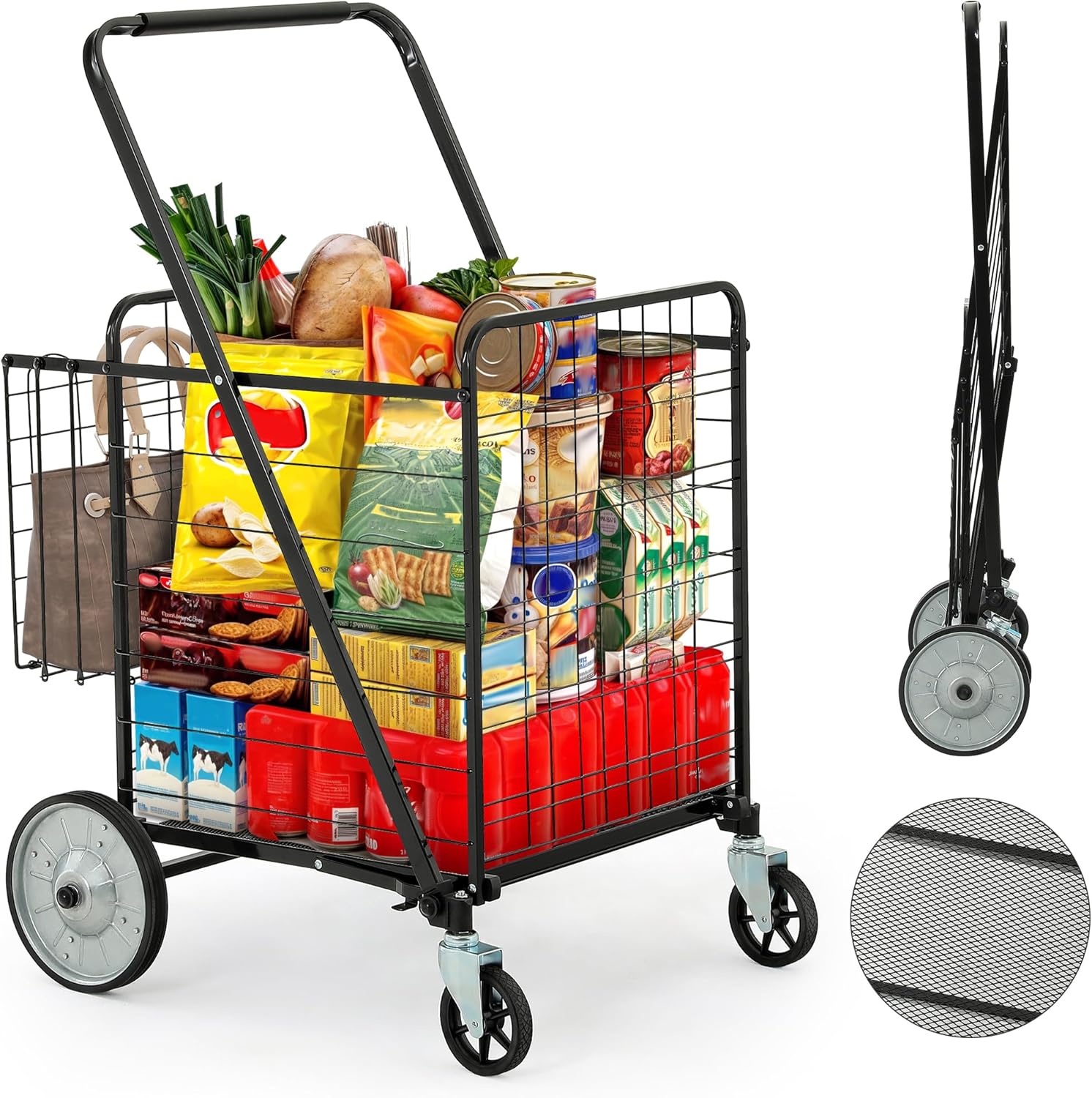 YITAHOME Heavy-Duty Jumbo Folding Shopping Cart with Wheels, Super Large Double Basket Grocery Cart, Collapsible Utility Cart for Shopping, Groceries, Laundry & Storage (Portable & Sturdy)
