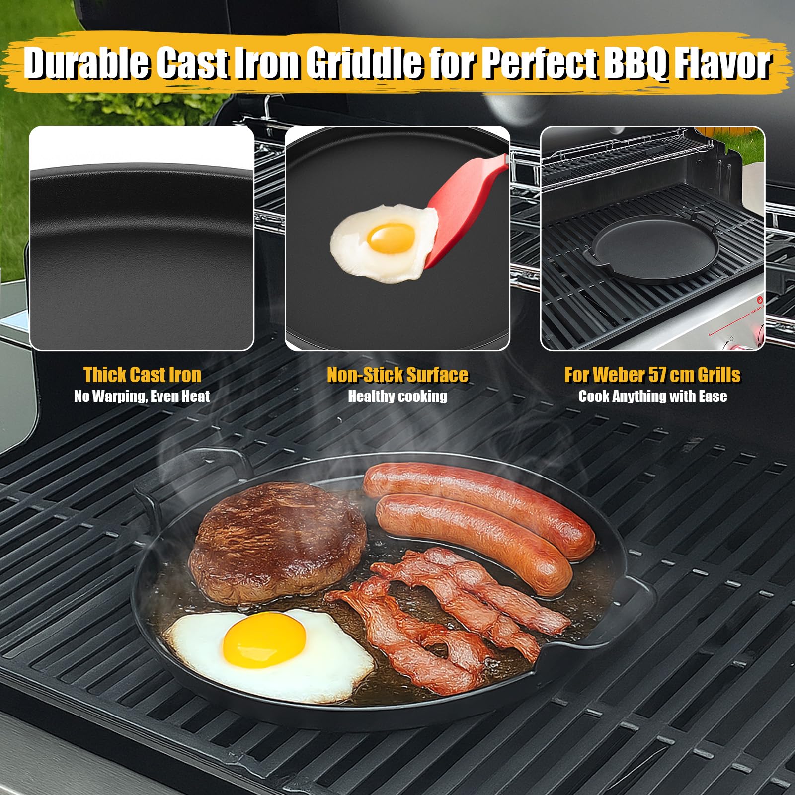 GFTIME 7421 30.9CM Bakeware Tonda Ghisa Padella, Inserto Presa Gourmet Barbecue Sistema. di Scarico del Grasso Facile, Maniglia Protettiva. Bistecca Arrostire Pancetta per Barbecue Verdure, Carne.