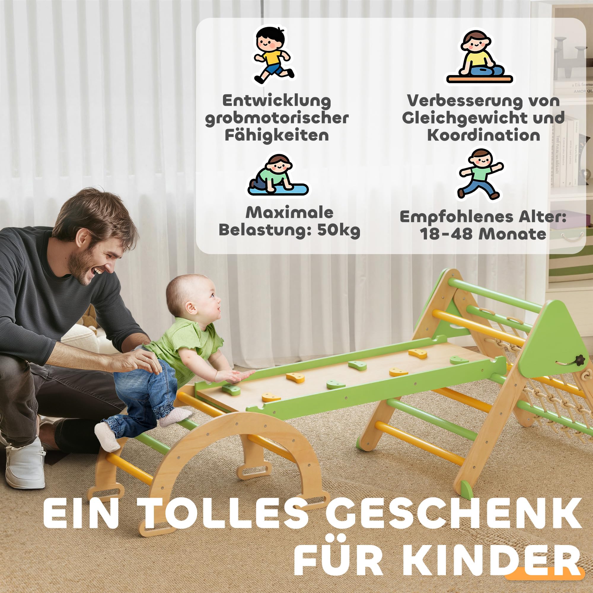 AIYAPLAY Montessori 8 en 1 Arco de escalada de madera para interiores, triángulo de escalada con arco de escalada, tobogán de doble cara, parque infantil para niños pequeños y niños de 1,5 a 4 años