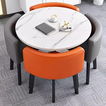 Office Reception Room Club Table, Small Conference Room Negotiation Table Sets, Coffee Table and Chair Set, with 4 Dining Table Soft Backrest Seat, for Coffee Bakery LoungeDark gray+orange,35.