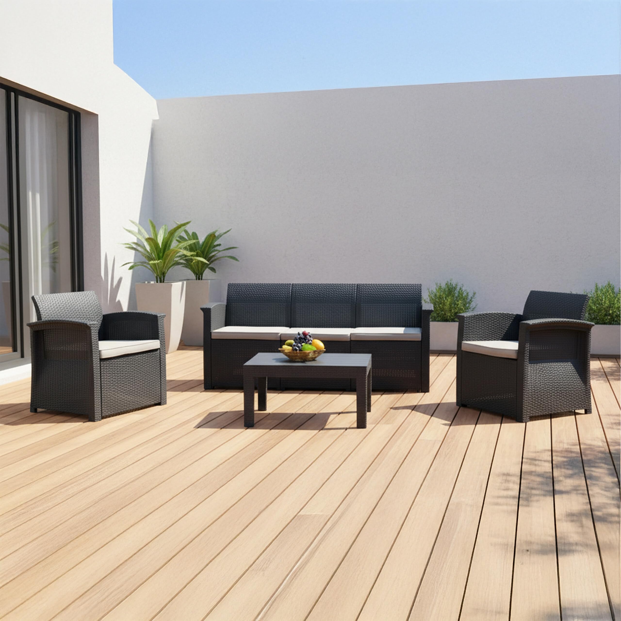 Relaxdays Ensemble Jardin 4 pièces en rotin synthétique, 5 pers., canapé 3 Places, 2 fauteuils et Table, extérieur