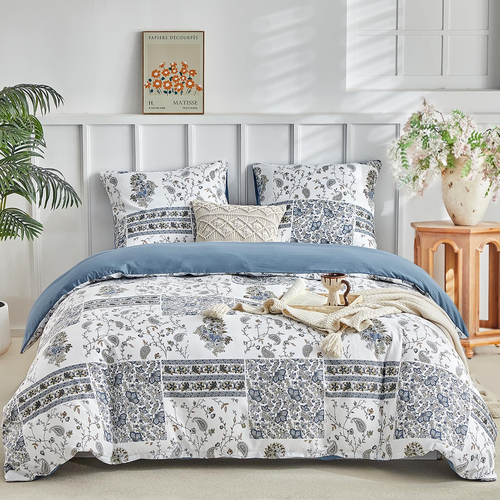 Tokokimo Bed Linen 220 x 240 cm 3-Piece - Patchwork Floral Pattern Bohemian - Microfibre Duvet Cover 220 x 240 cm for Double Beds with 2 Pillowcases with Zip 80 x 80 cm, Blue — image 1