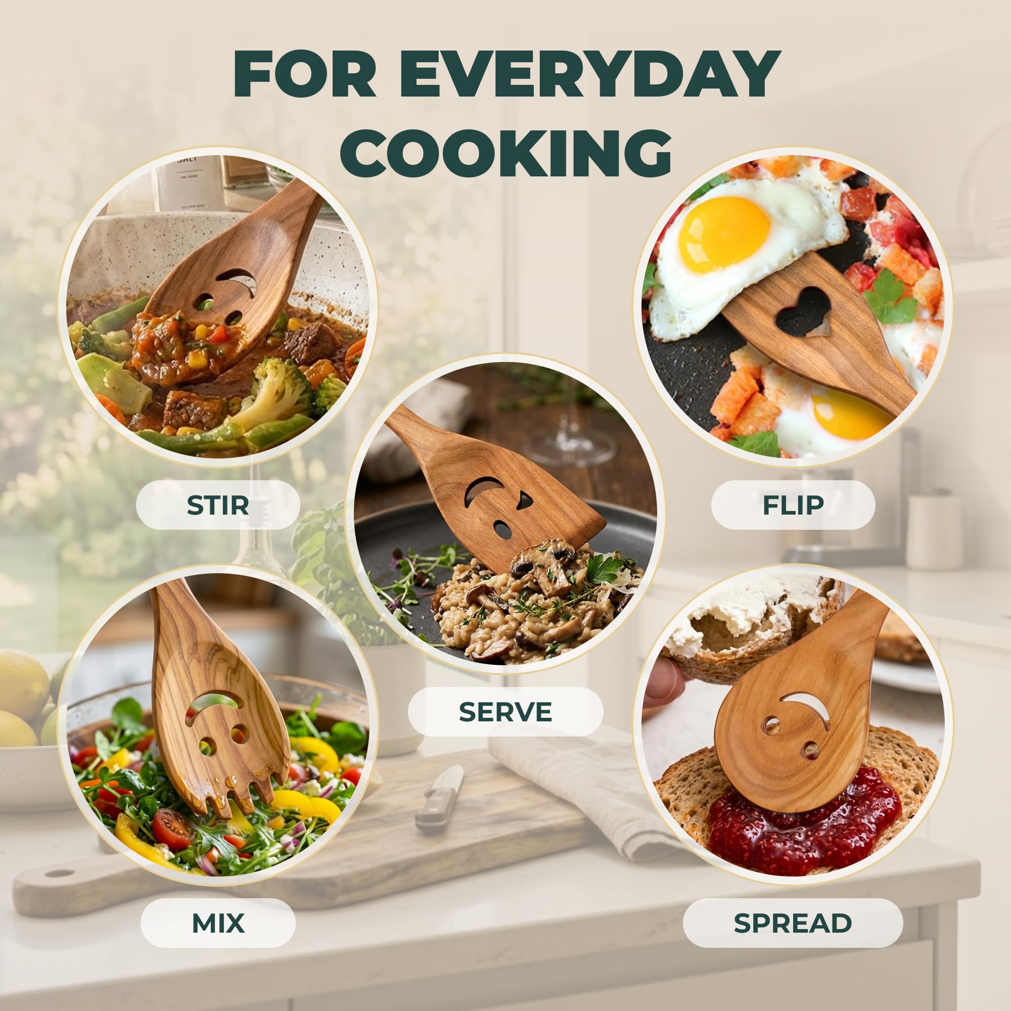 MFC 5-Piece Wooden Cooking Spoons - Kitchen Set from Natural Cherry Wood - Wooden Spoons for Cooking - Funny Utensil Set with Smiley Faces - Cooking Multipurpose Wood Utensils