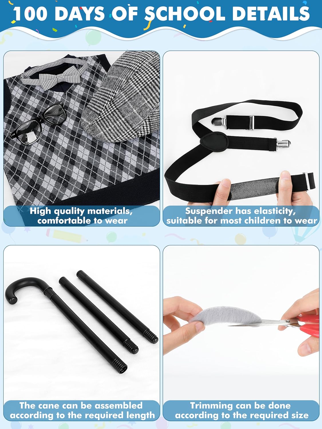 Luces 100th Days of School Costume, Boys Old Man Costume Vest Hat Accessories, Kids 100th Day of School Cosplay Outfit - Image 3