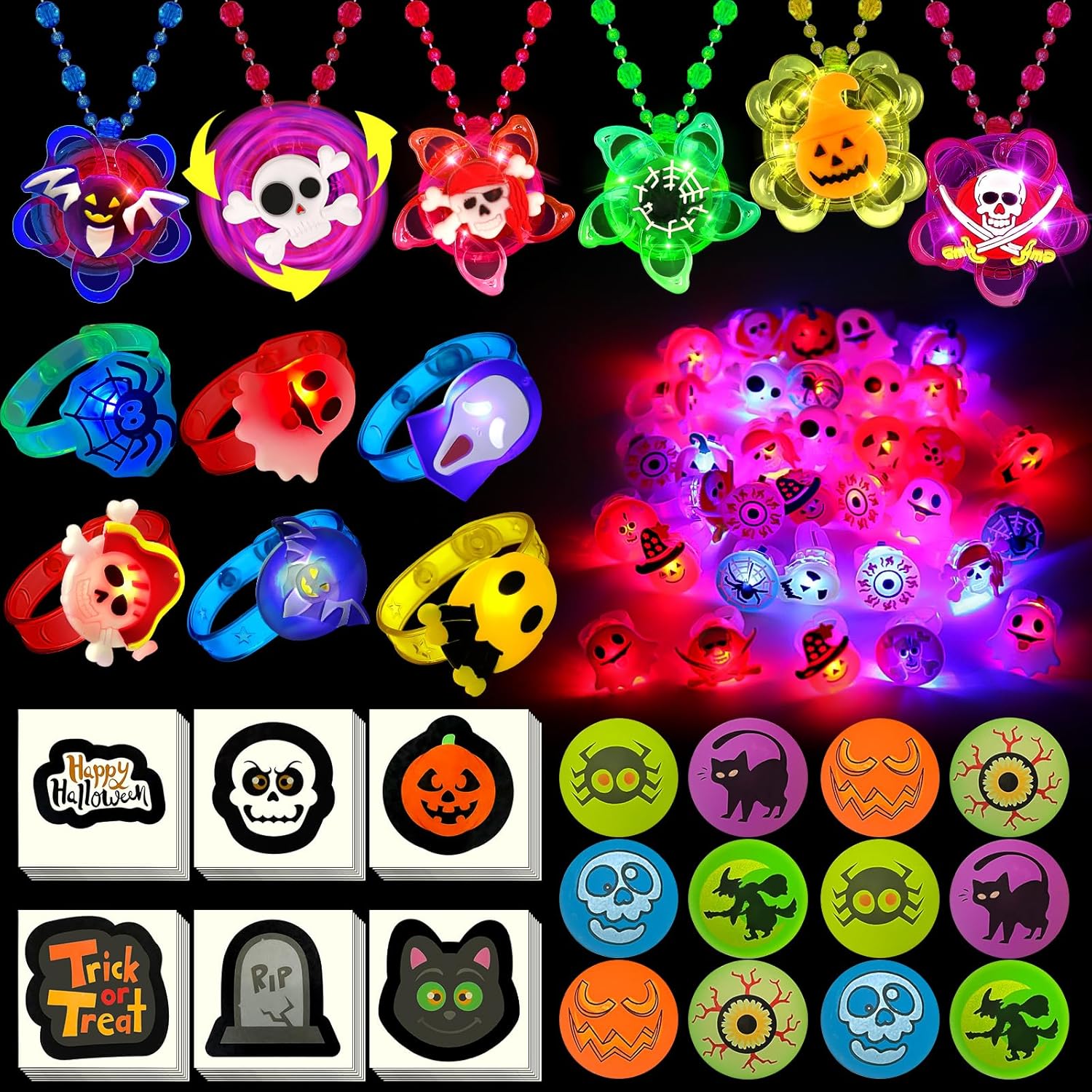 84 PCS Halloween Party Favors for Kids, Halloween Glow in the Dark Toys Rotating Spin Light Up Bracelets Necklaces Rings Decorations, Halloween Trick or Treats Goodie Bag Fillers Party Supplies 84 PCS Glow in the Dark Toys