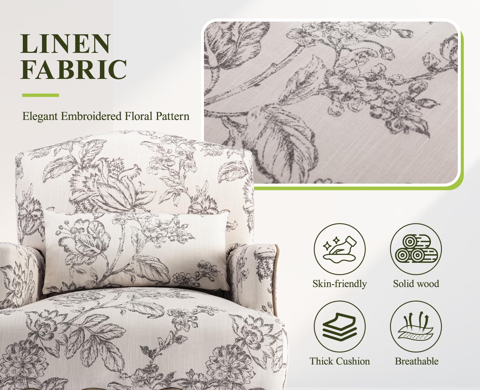 Ya-Home Vintage Sessel mit Armlehne, Polstersessel mit Holzbeinen & Blumenmuster Einzelsofa Akzentstuhl mit Kissen für Wohnzimmer/Schlafzimmer,Beige