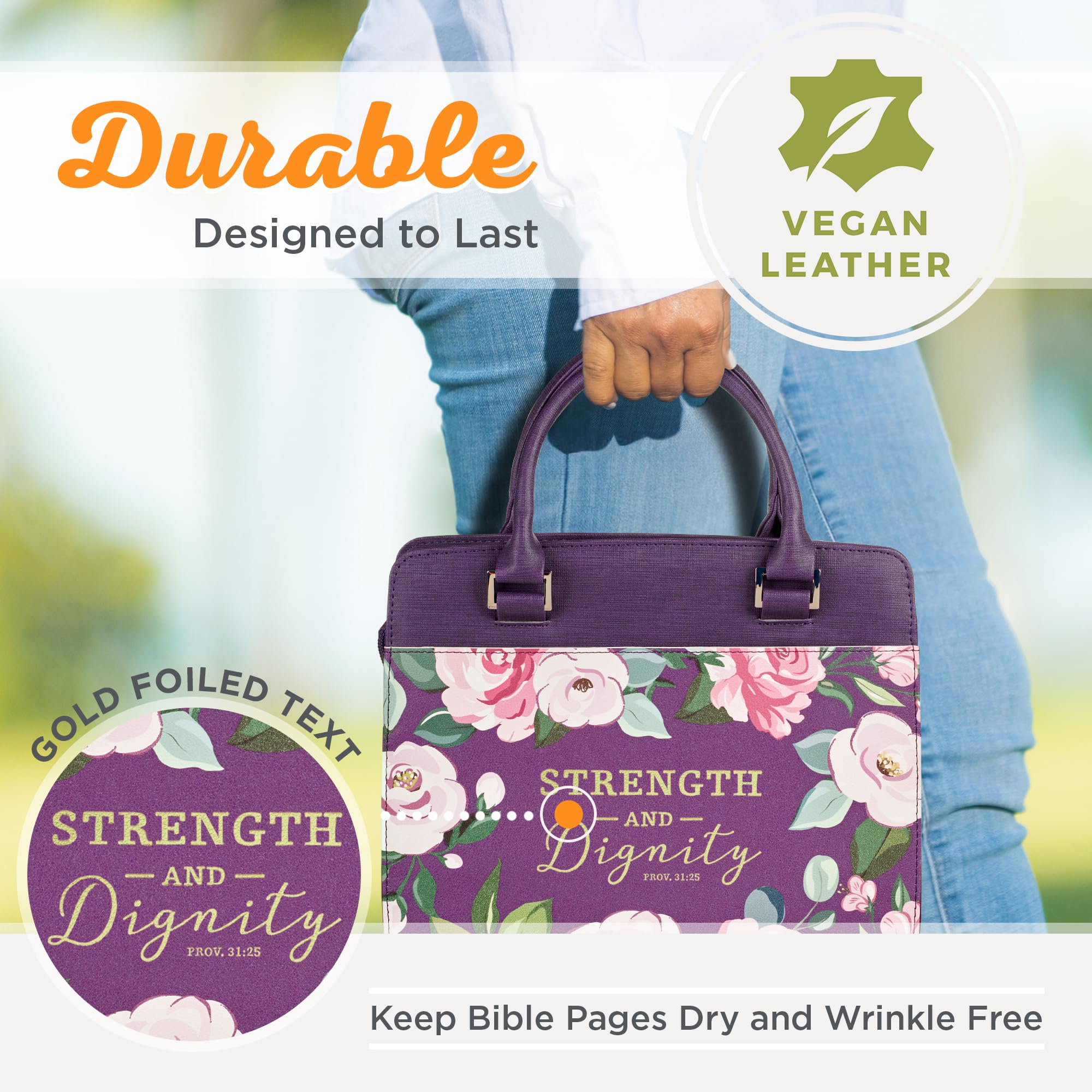 Christian Art Gifts Funda de piel vegana de moda para mujer, versículo bíblico de fuerza y dignidad, diseño floral morado, Floral púrpura, Large
