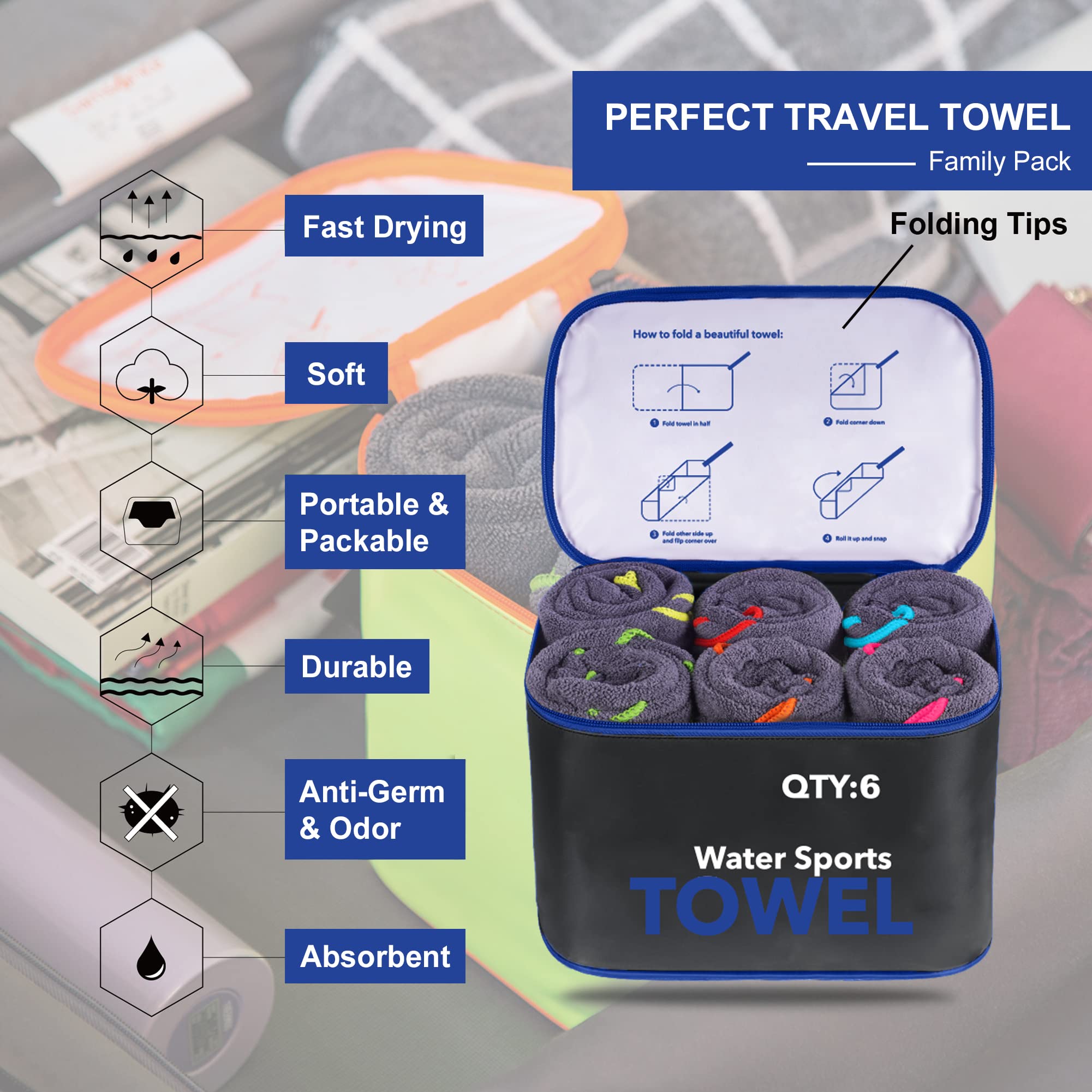 4Monster Paquete de 6 toallas de microfibra para gimnasio con bolsa de accesorios, toalla de viaje de secado rápido, súper ligera, ultra absorbente, toalla para deportes, yoga, natación, senderismo,