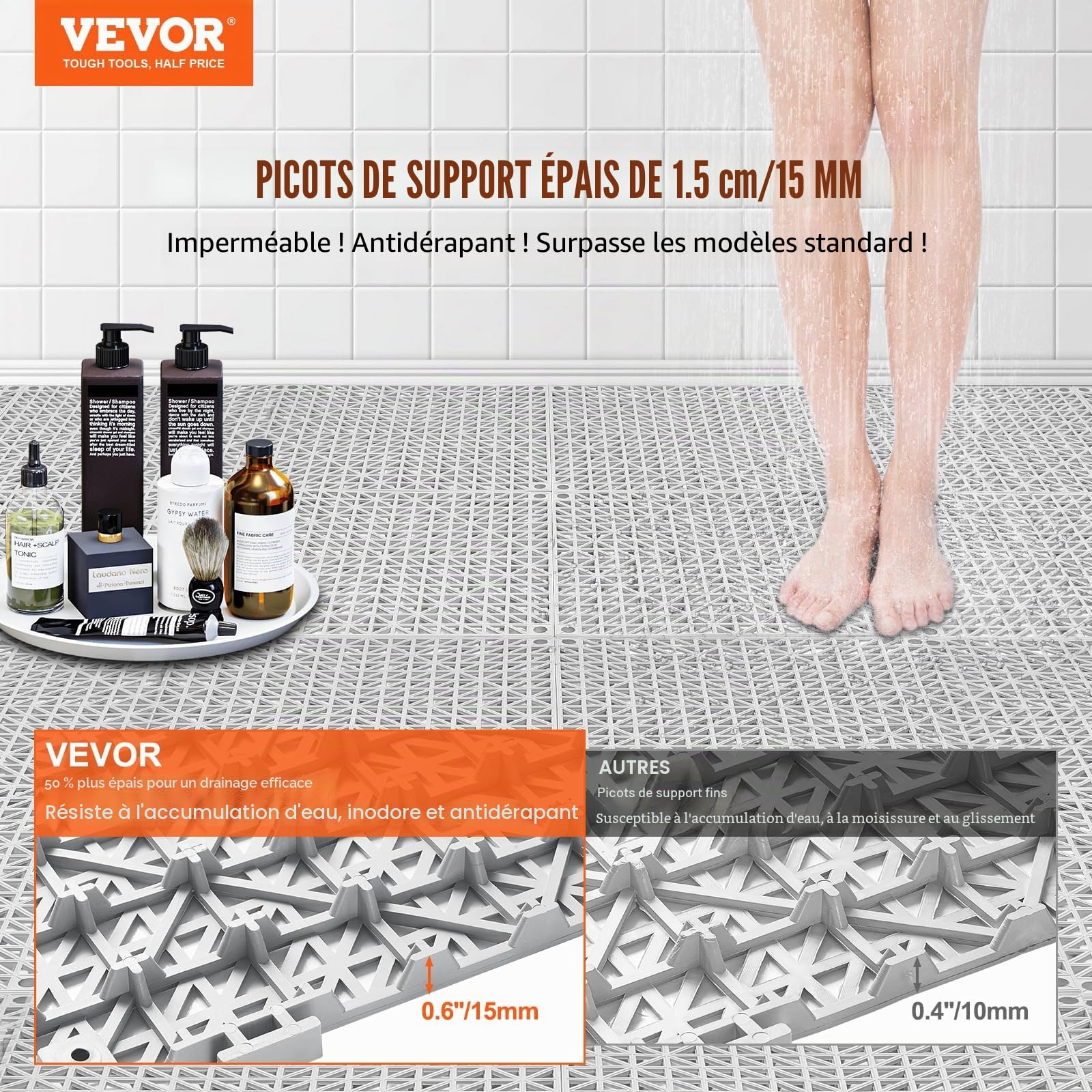 VEVOR Lot de 55 Dalles de Jardin Piscine 30x30x1,5 cm Gris Dalle Clipsable Ajourée Antidérapante en PVC Drainage Rapide Revêtements de Sol Extérieur Intérieur pour Terrasse Cuisine Spa Salle de Bain