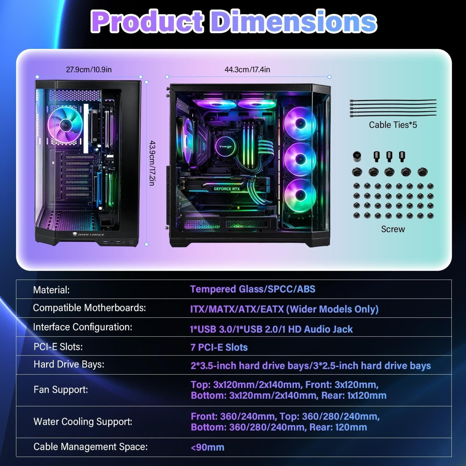 ATX PC Gehäuse, 10 Lüfter, Gehärtetes Glas, Hoher Airflow