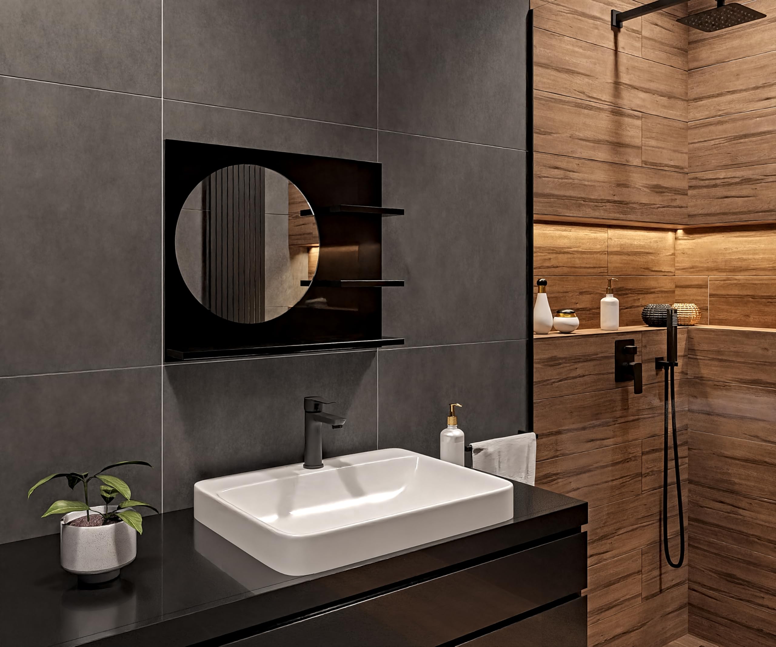 Mobiletto Da Bagno Con Specchio - Montaggio A Parete, Anta Soft-close, Colore Nero, 50x60x14 Cm