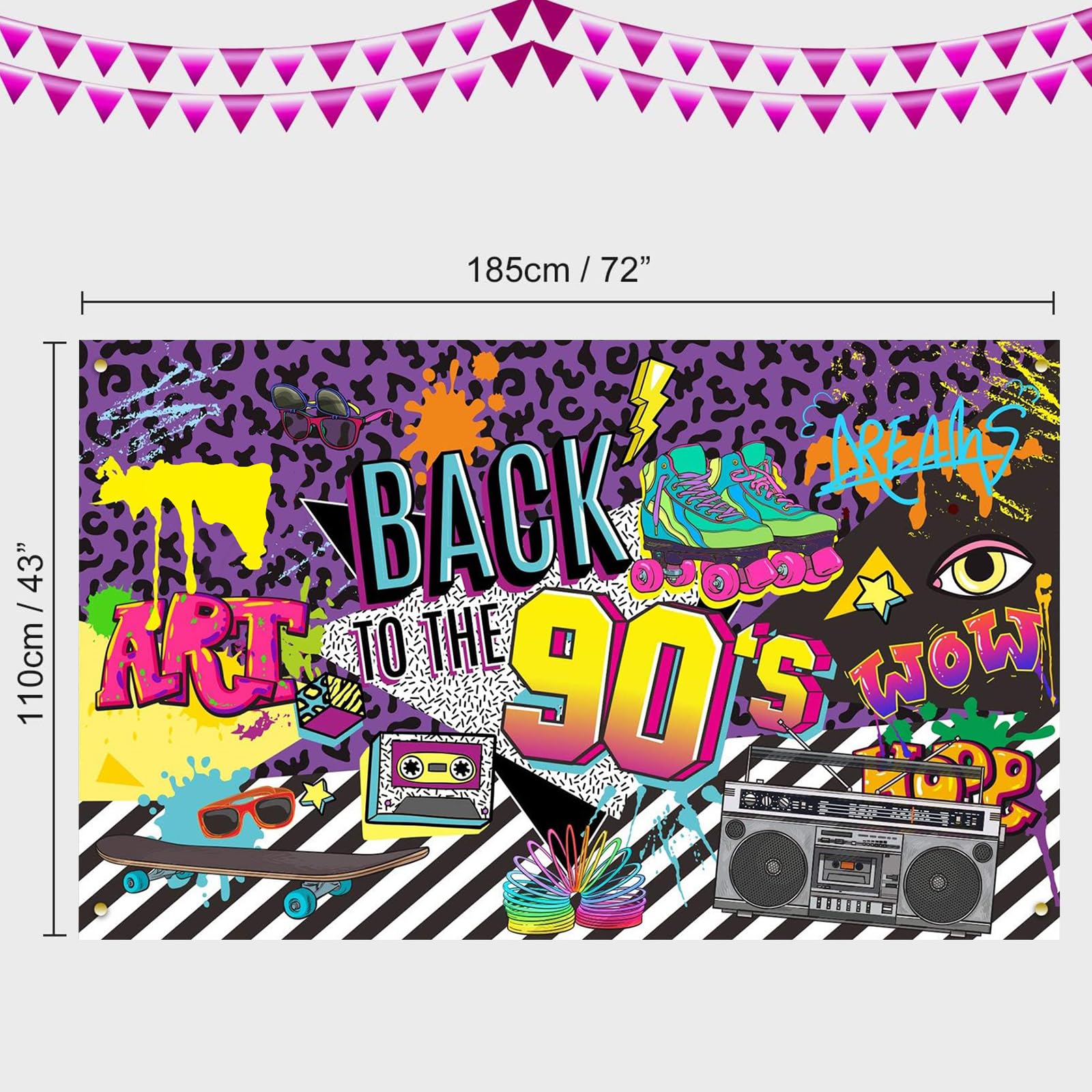 Telón de fondo con diseño de los años 90 de Hip Hop Graffiti de vuelta a los 90 de fondo para fiesta de 72.8 x 43.3 pulgadas de tela, decoración de mesa de pared, accesorios para fotomatón