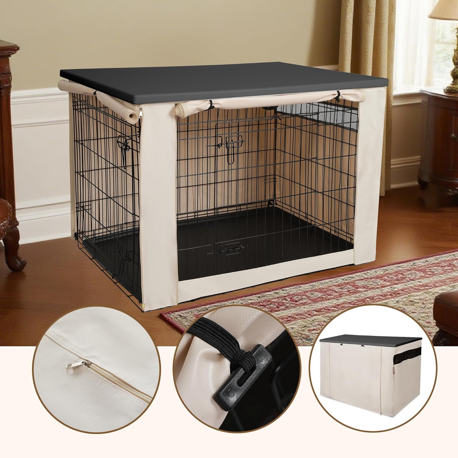 hicaptain breathable dog crate cover with plastic crate topper 42 inch, durable heavy duty kennel cover, dual zippered panels, windproof waterproof uv-resistant (brown topper, beige cover) brown topper & beige cover large