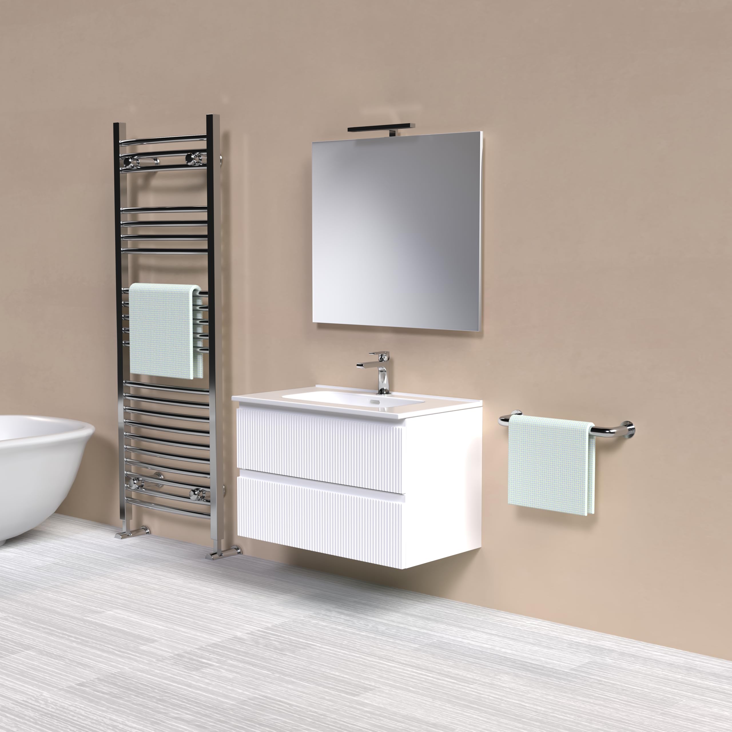 Mobile bagno EOS 80cm Doppio Cassetto Cannettato con lavabo, specchio e lampada BIANCO OPACO – MaMa Store