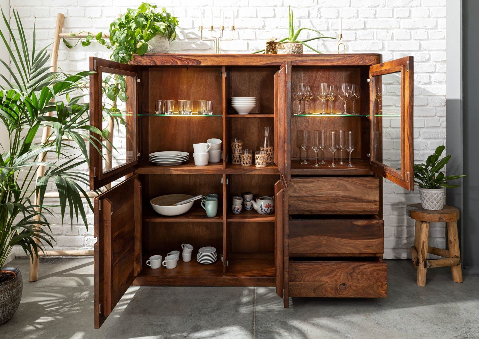 MASSIVMOEBEL24.DE | Toronto Highboard Sheesham/Palisander - Verschiedene Größen und Farben, Farbe:Dunkelbraun gewachst, Größe:166x40x145 cm (BxTxH)