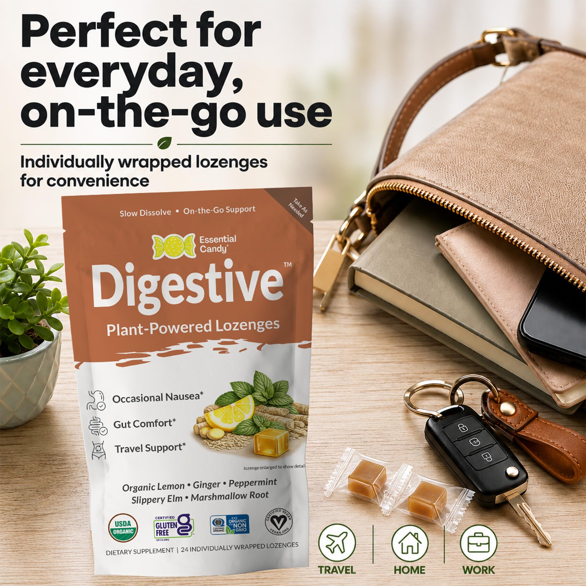 Essential Candy Digestive Blend Functional Lemon Ginger Lozenges for Nausea, Stomach Settle Support & Travel Sickness with Peppermint & Slippery Elm Plant-Based Lozenges 24 Ct. Made in USA — Amazon image 4