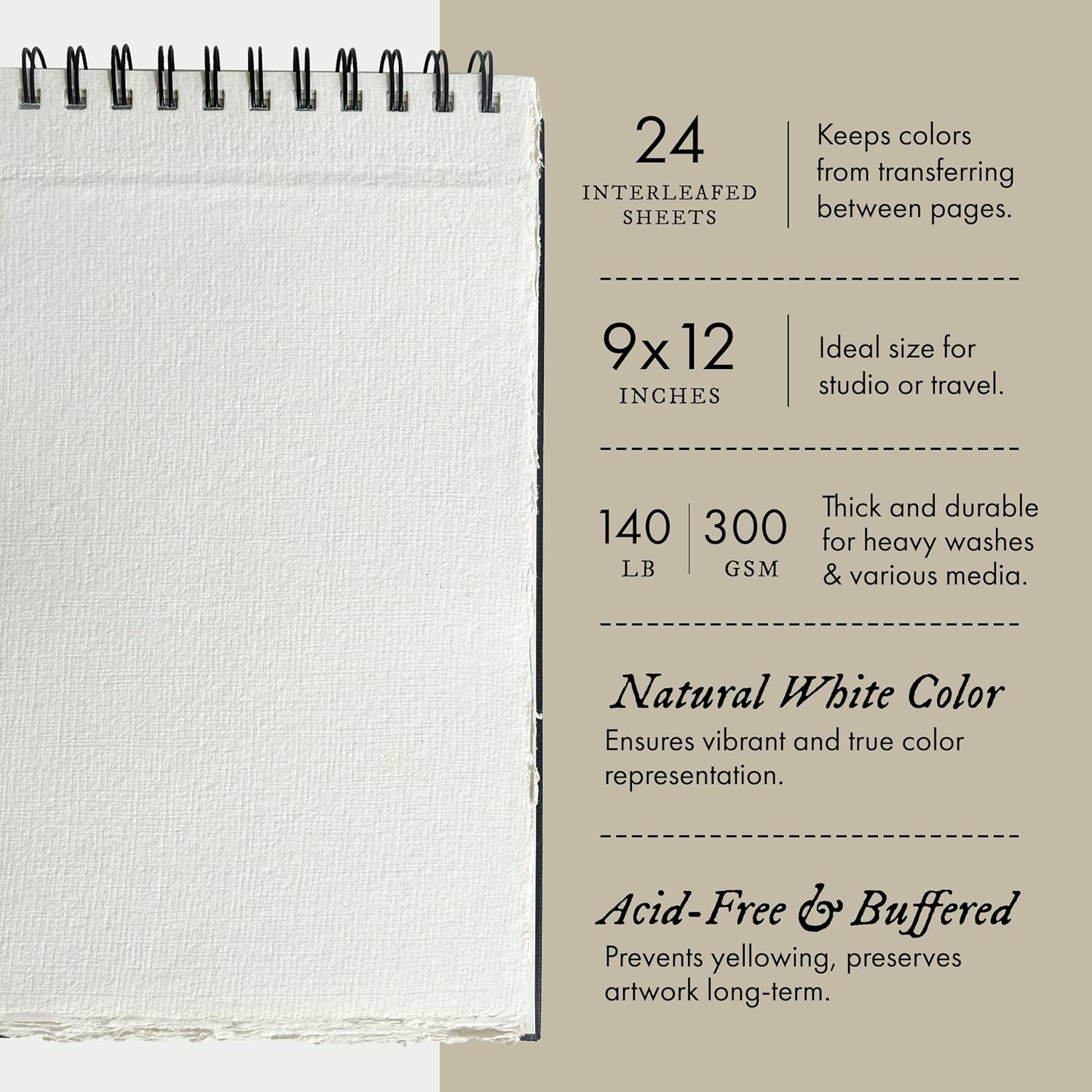 Indigo Artpapers Watercolor Paper Wiropad, 24 Sheets, 9x12 (140lb/300g) | Handmade 100% Cotton Rag, Cold Pressed, Acid-Free Water Color Paper with 4 Natural Deckle Edges, Watercolor Pad Sketchbook