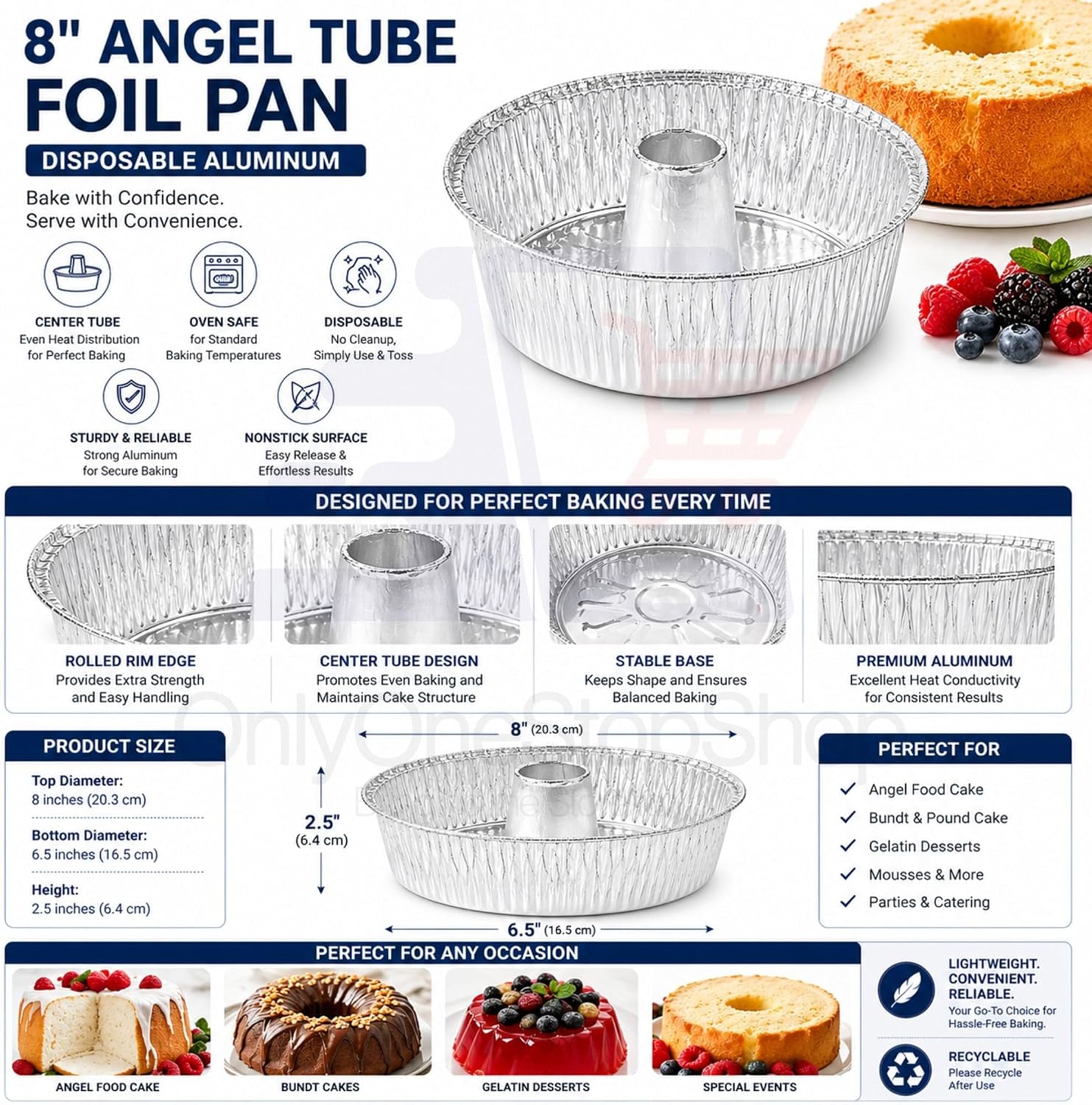 8" Disposable Aluminum Angel Tube Cake Pans | Round Deep Foil Bundt Baking Pans with Center Tube for Even Heat Distribution | Heavy Duty Oven Safe Bakeware for Cakes | 50 Count