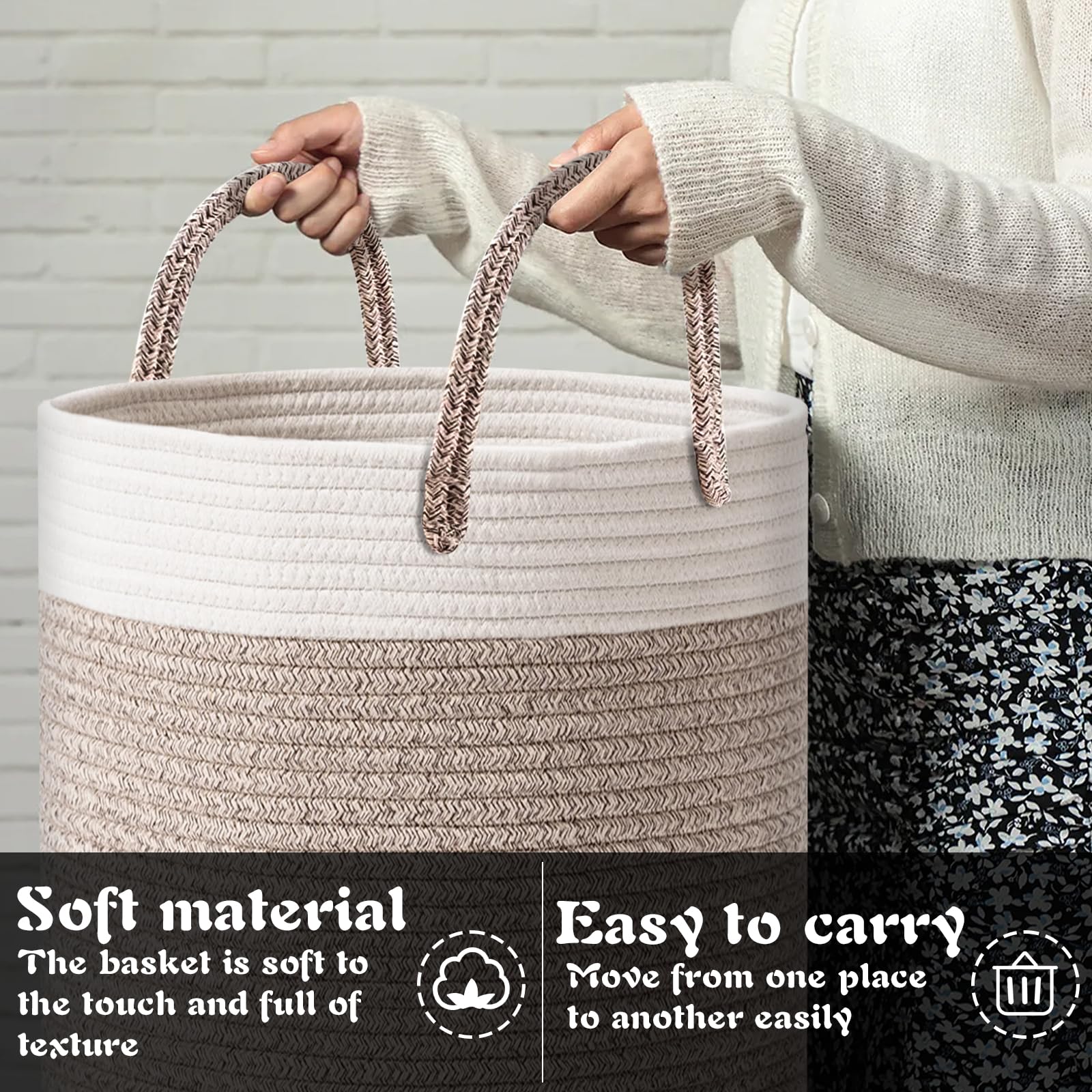 ZLPBAO XXL Cesto Ropa Sucia Trenzado de Algodón con Asa, 40L Cubo Ropa Sucia para Lavadero Habitación Infantil Salon Baño, Decorativas Cesta Para la Ropa Sucia para Almacenamiento
