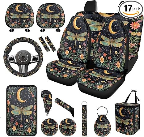Moon Dragonfly Car Seat Cover Full Set 17 Pieces Cute Interior Accessories for Cars Head Rest Protector Keychains Armrest Pad Seat Belt Cover Hanging Vehicle Trash Bin,Fit for Most Truck SUV