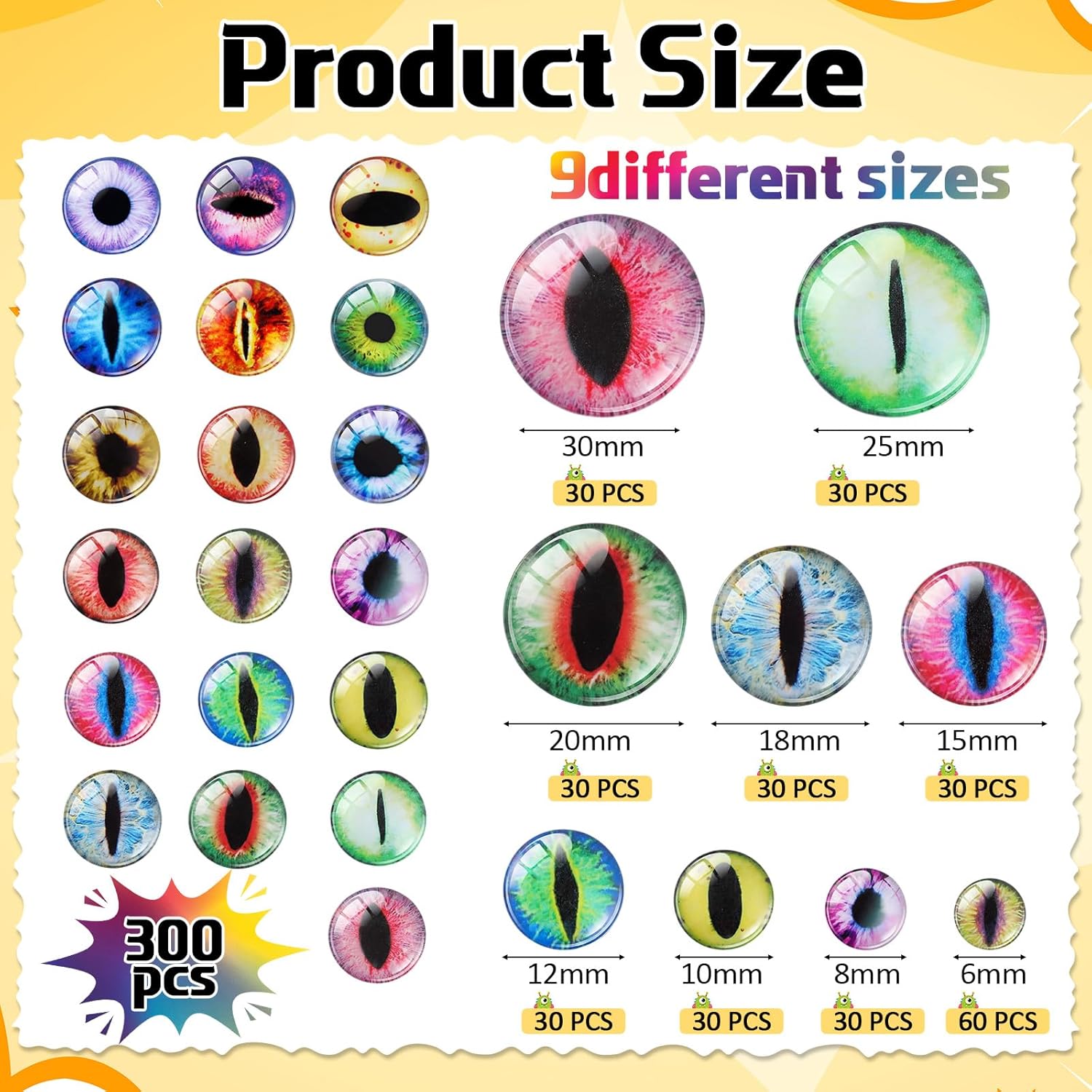 Kenning 300 Pcs Assorted 9 Sizes Eyes Glass Cabochon, Dragon Snake Frog Eyes Flatback Glass Cabochons for DIY Crafts, Jewelry Making, Sculpture, Fantasy Models Projects (6/8/10/12/15/18/20/25/30mm)