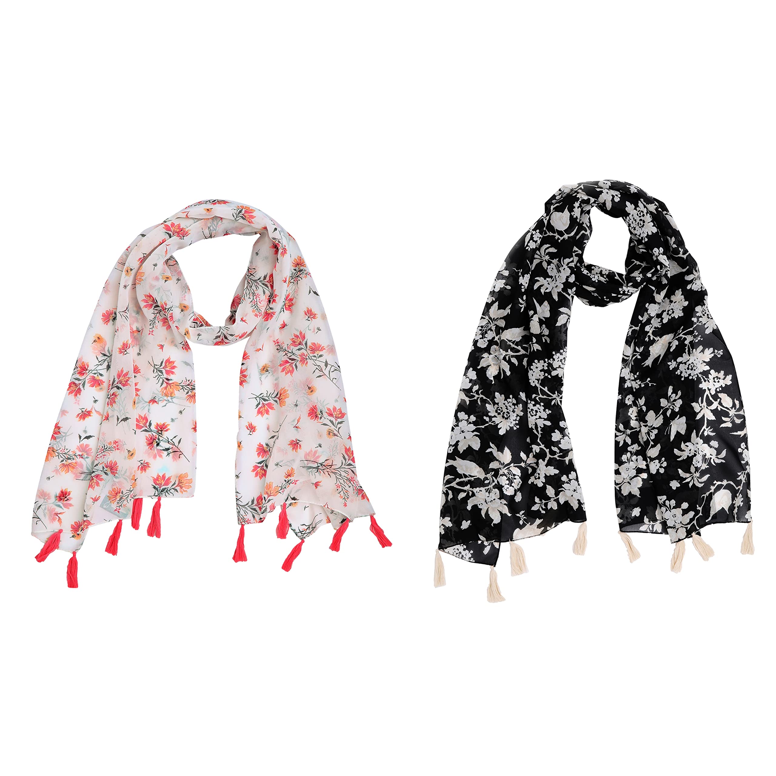SAHIL SCARF WOMEN FLORAL PRINTED TASSEL STOLE COMBO OF 2 (22X72INCH)