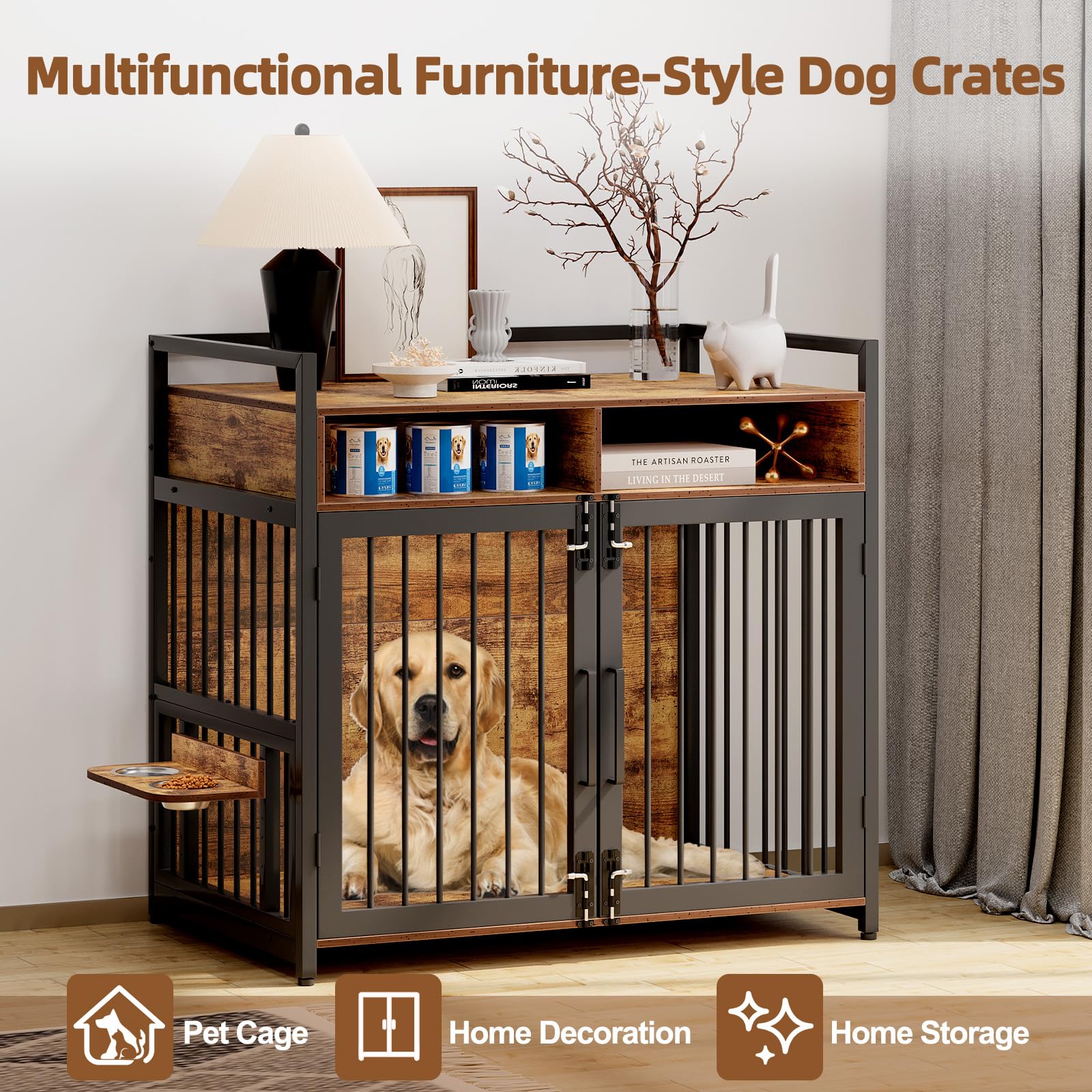 Hundekäfig Möbel Mit Lagerregal, 122x76x110Cm, Hundebox Möbel Mit 360° Drehbaren Hundenäpfen Und Mit 2 Türen, Hochbelastbarer Hundekäfig Für Zuhause, Hundeschrank Für Große Und Mittlere Hunde