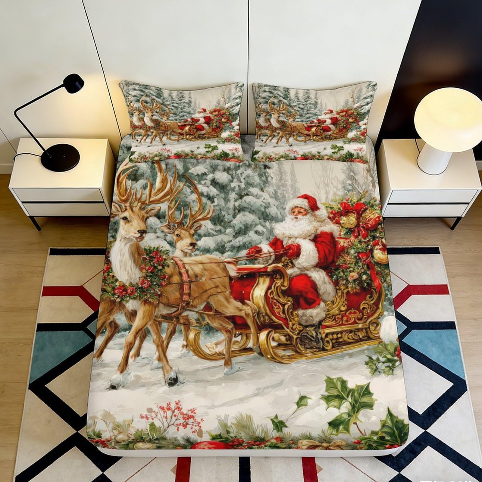 Jqzkxnhpbr Style-3 3D Printed Christmas Reindeer Fitted Sheet Microfiber Festive Santa Sleigh Bed Cover For Bedroom Dorm Mattress Protection 90X200x25cm