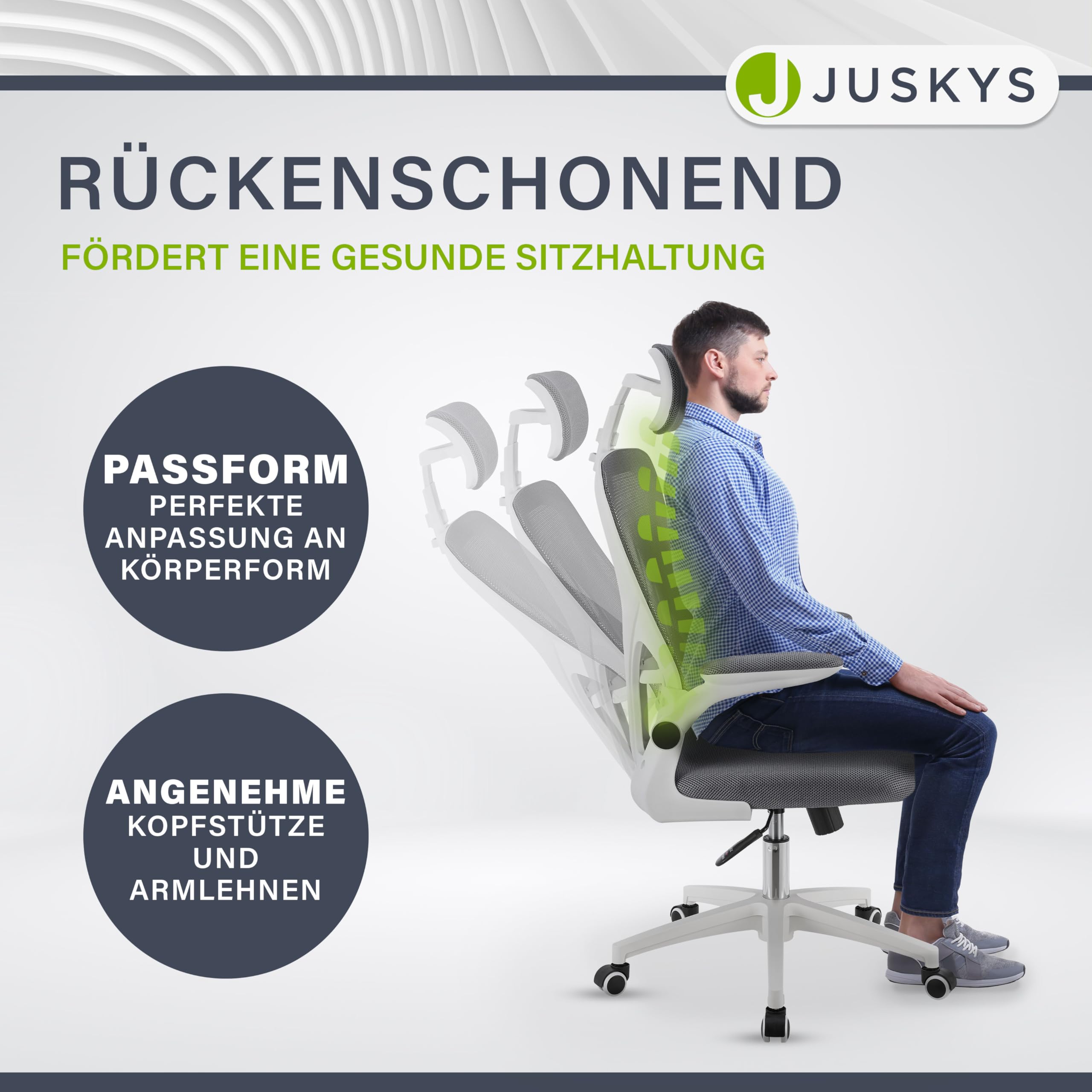 Juskys Bürostuhl Baltimore mit Rollen & Armlehne - Schreibtischstuhl ergonomisch & höhenverstellbar - Stuhl für Arbeitszimmer - Drehstuhl - Grau