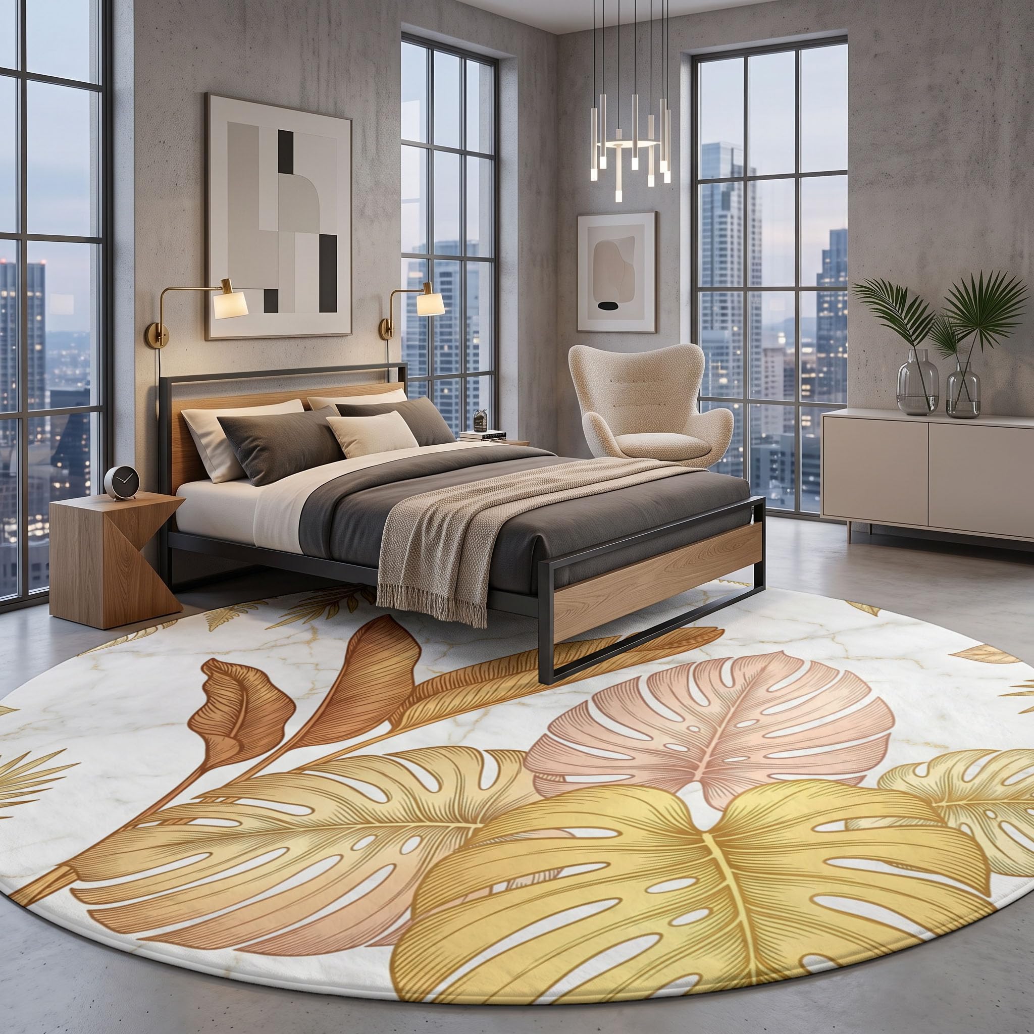 Tappeto Salotto Rotondo Grande Pelo Corto, Monstera Deliciosa Foglie Banano Grandi Antiscivolo Tondo Moquette, Soggiorno Bambini Camera,Cucina,Bagno,Domestica Decor Tappeti (Ø 100 cm,Oro)