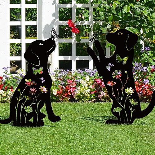 Miniatura 5 de Decoración de jardín de perro de metal para exteriores (paquete de 2), estacas decorativas de jardín para cachorros de 17 pulgadas, silueta de perro