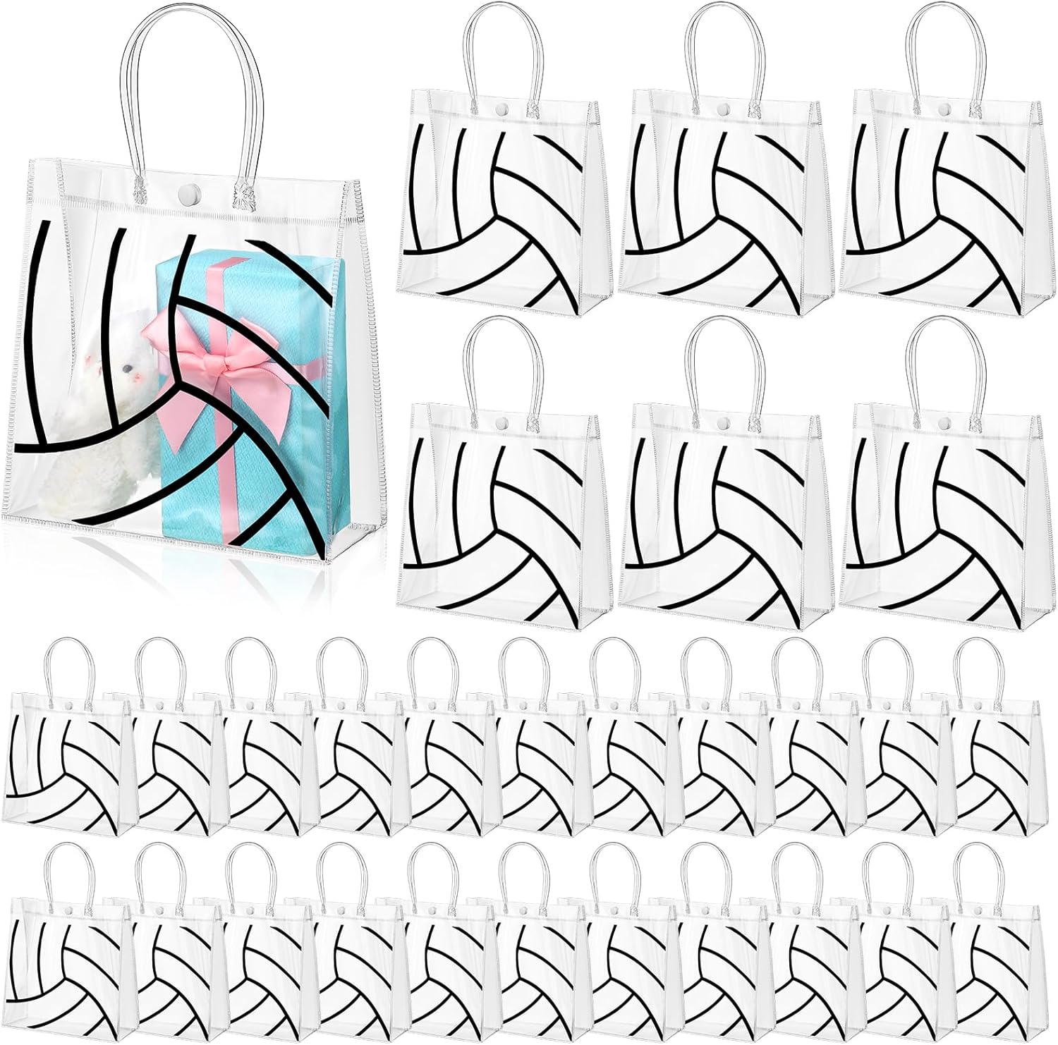 Sweetude 24 Pieces Tennis Gift Goodie Bags with Handles 8x8x3.15 Inch PVC Green Tennis Theme Party Favor Clear Treat Bags Bulk for Sports Party Competition Team Birthday Gifts
