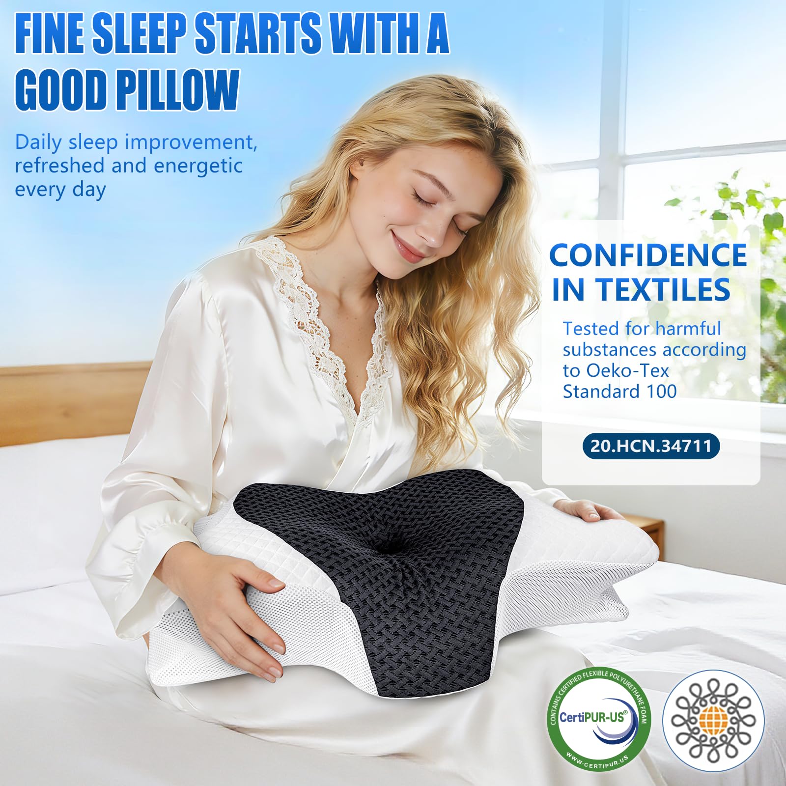 SAHEYER Oreiller Ergonomique Cervical, 2 en 1 Oreiller Memoire Forme pour la Nuque, Coussin pour Dormir sur Le côté, Le Dos et Le Ventre, 60x35,5x13/10 CM, Gris