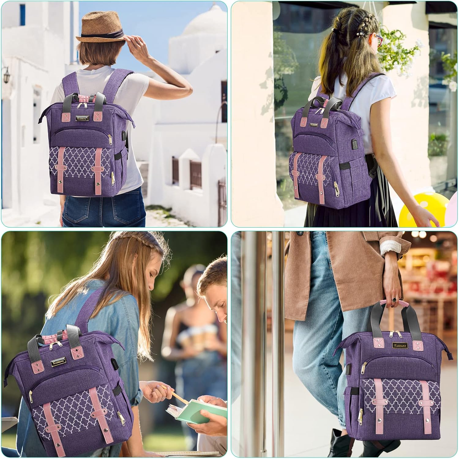Backpack for Women, School Backpacks for Teen Girls, Large Wide Open Laptop Backpack with USB Charger, Water Resistant Travel College Bookbags, Purple