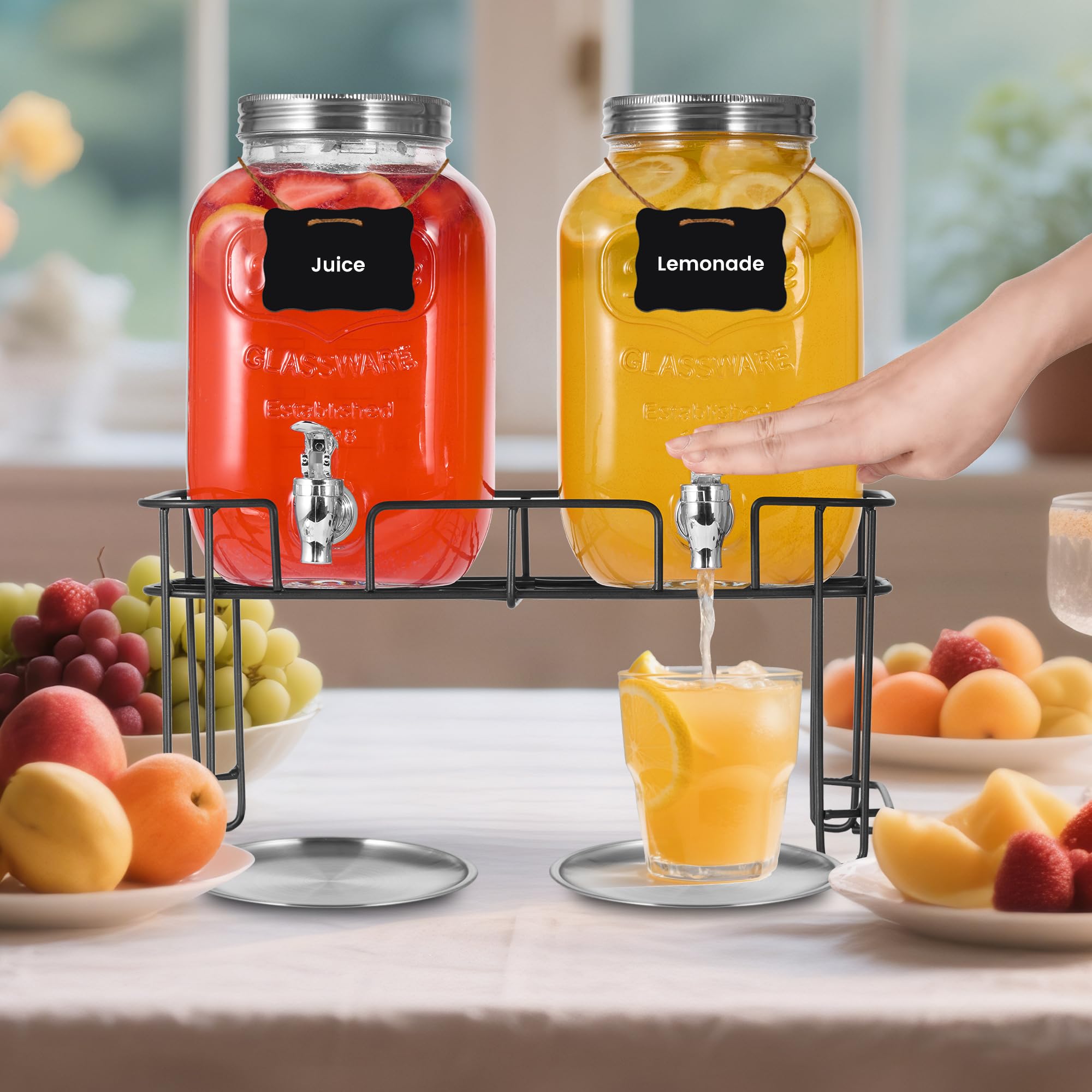 Paquete de 2 dispensadores de bebidas de vidrio de 1 galón para fiestas, dispensador de bebidas, dispensador de bebidas de vidrio con soporte y espiga (espiga de plástico)