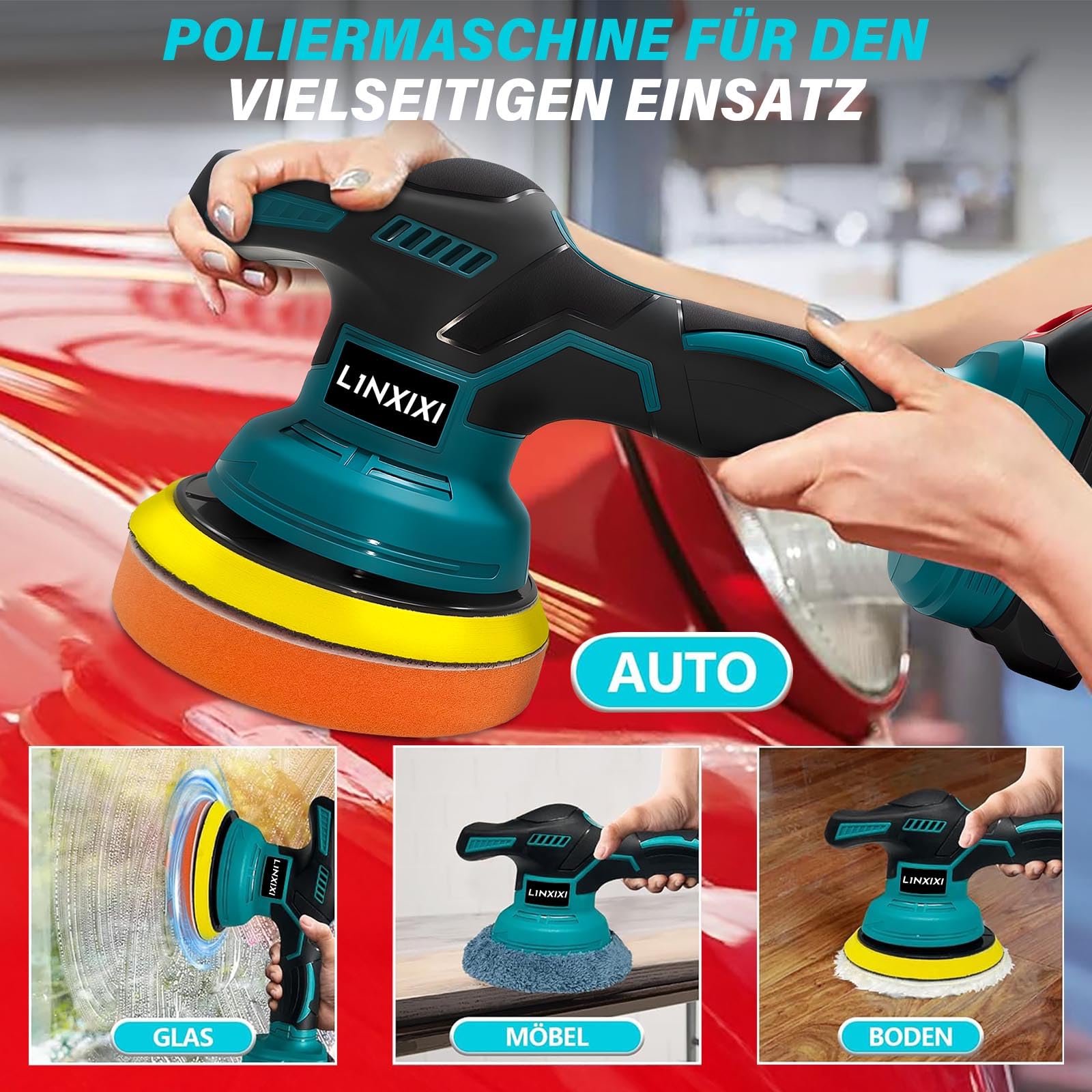 Poliermaschine Auto für Makita 18V Akku, 6 Zoll Orbital Auto Politur mit 8 Variablen Geschwindigkeiten, 2pcs Akkus Auto Polierset, für Auto Detailpflege und Kratzerentfernung