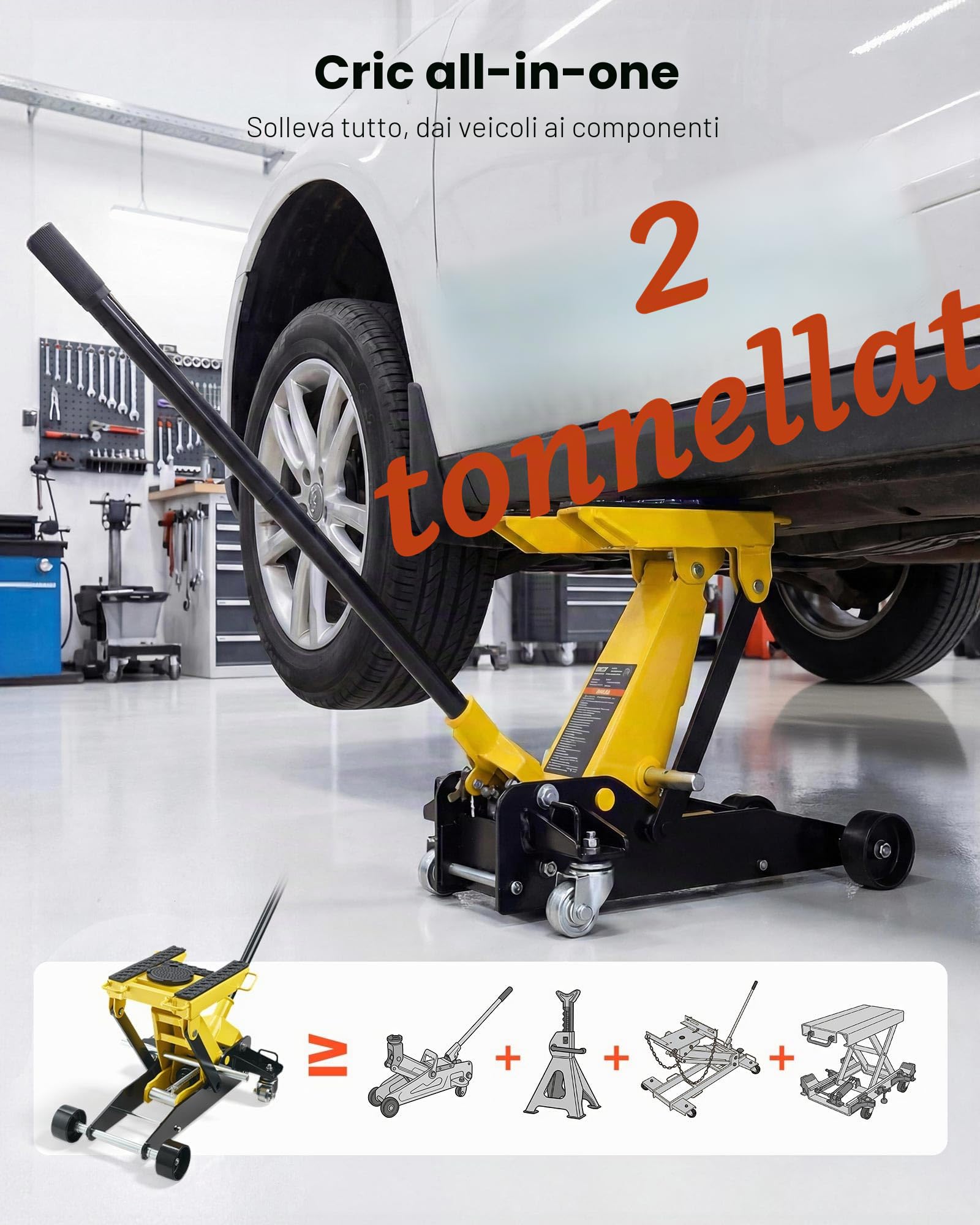 VEVOR Cric Idraulico a Carrello 2 Tonnellate in Acciaio, Cric Idraulico da Pavimento a Basso Profilo, a Pistone Singolo con Ruote, Altezza di Sollevamento 150-435 mm, Multiuso per Auto, Moto, Quad