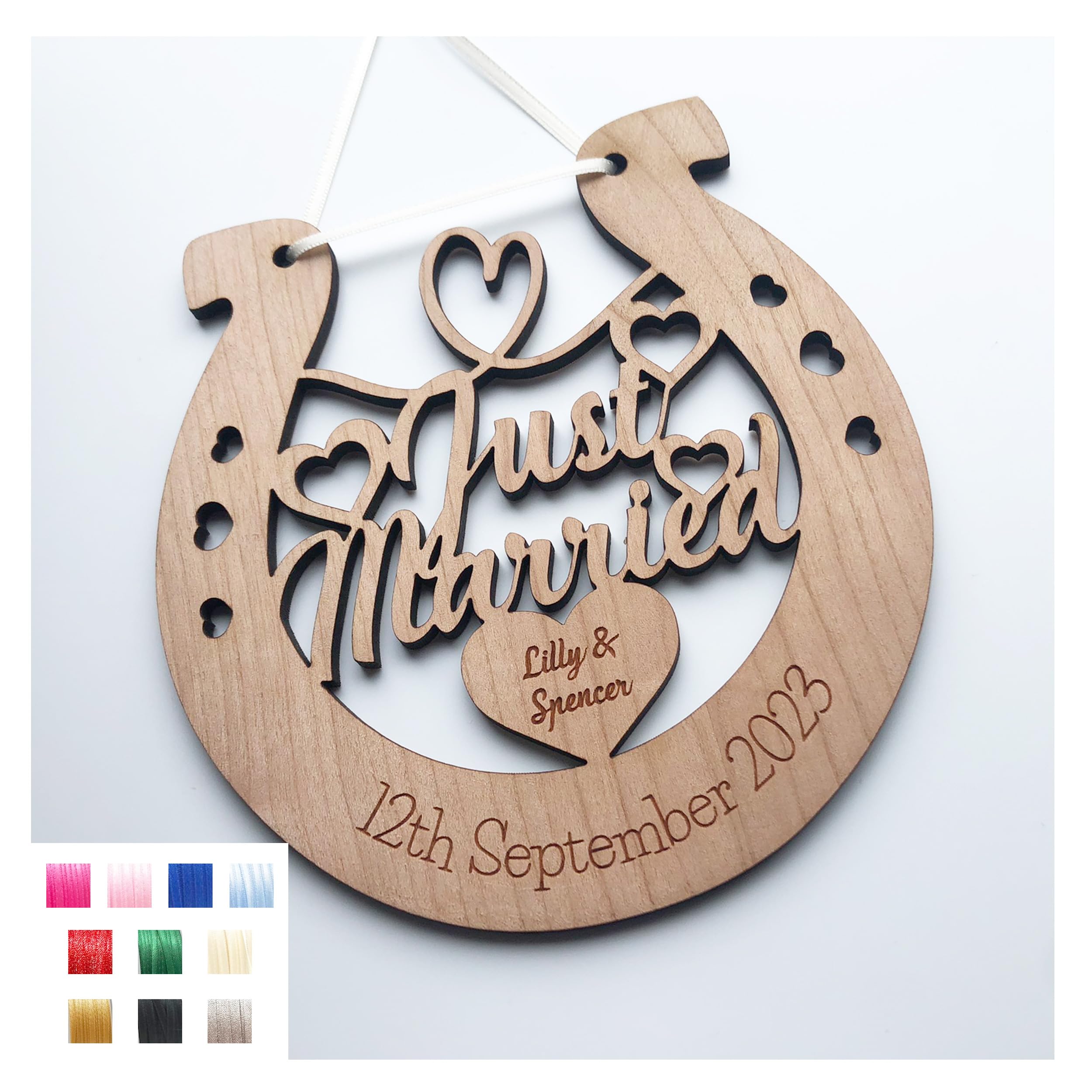 Lovethis** Cherry Personalised Wooden Wedding Lucky Horseshoe Plaque Gift For Bride And Groom (Just Married)
