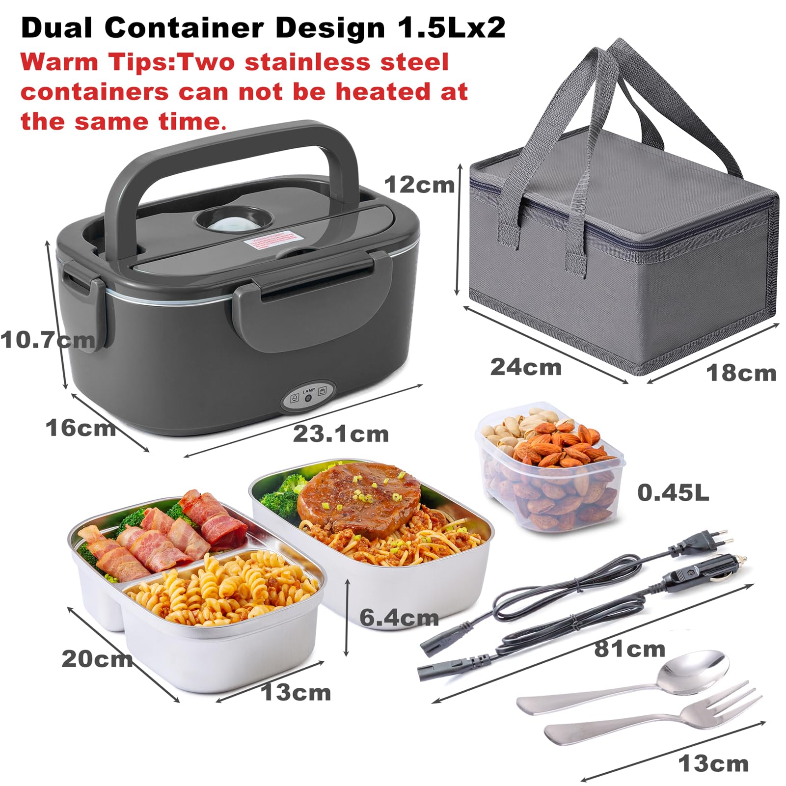 Nifogo Gamelle Chauffante 100W pour Voiture et Camion et Bureau Lunch Box Électrique 3 en 1 Acier Inoxidable 12V 24V et 230V - Boîte à Repas 1,5Lx2 avec Gris Sacs Isolants(Noir)