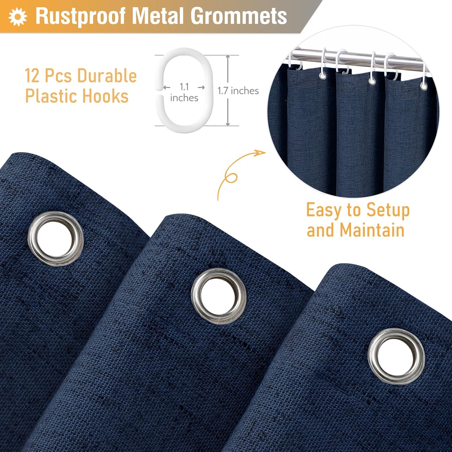 BTTN 78 Inch Long Shower Curtain - Farmhouse Thick Fabric Linen Shower Curtain Set with 12 Plastic Hooks, Tall Rustic Country Cloth Shower Curtains for Bathroom with Ruffle Hem - Navy Blue - 72x78