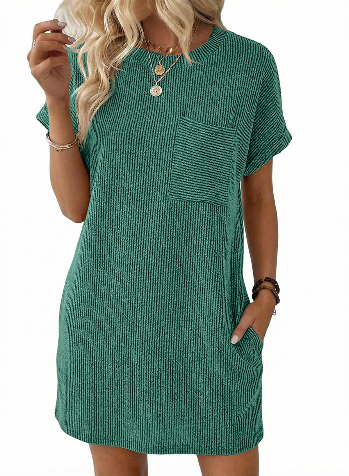 Acelitt Womens Casual Summer Crewneck Short Sleeve Ribbed Mini Tshirt Dress, XS-3XL