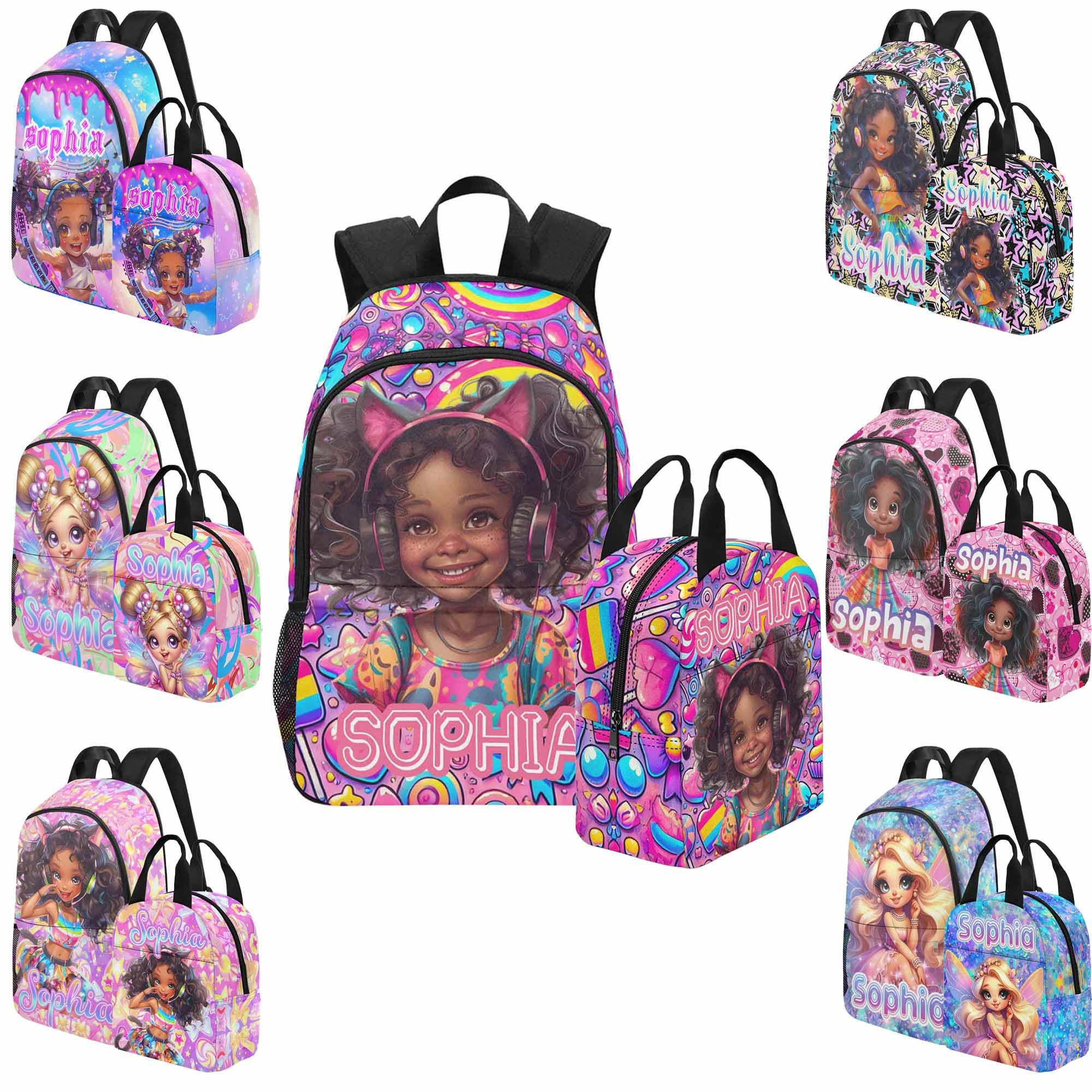 Custom Backpack for Black Girls Personalized Kid Princess Backpack Daypacks and Lunch Box Set with Name for School Kindergarten Custom Back to School