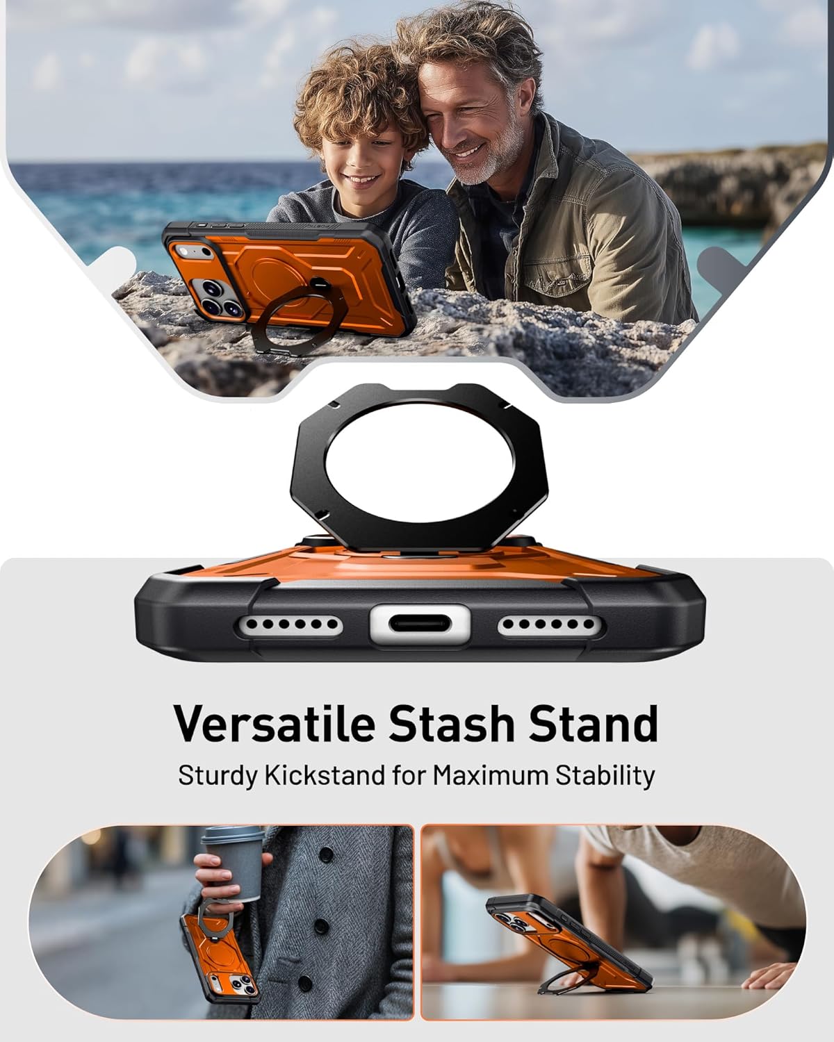 POETIC Spartan for iPhone 17 Pro Max Case, | Camera Control Button | 360° Rotate Magnetic Ring Kickstand | Compatible with MagSafe | Full Body Rugged Shockproof Protective Cover Case | Metallic Orange