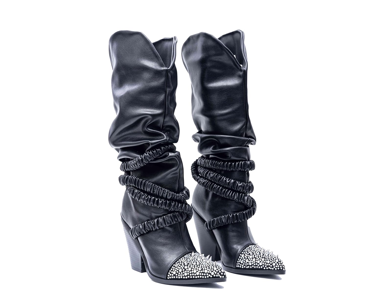 Chunky Heel Knee High Western Cowboy Boots Black Elastic Band Punk Rock Silver Studded Rhinestone Slip-On Long Boots