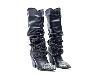 Chunky Heel Knee High Western Cowboy Boots Black Elastic Band Punk Rock Silver Studded Rhinestone Slip-On Long Boots