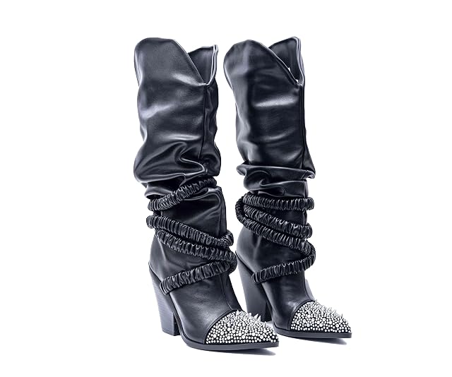 Chunky Heel Knee High Western Cowboy Boots Black Elastic Band Punk Rock Silver Studded Rhinestone Slip-On Long Boots