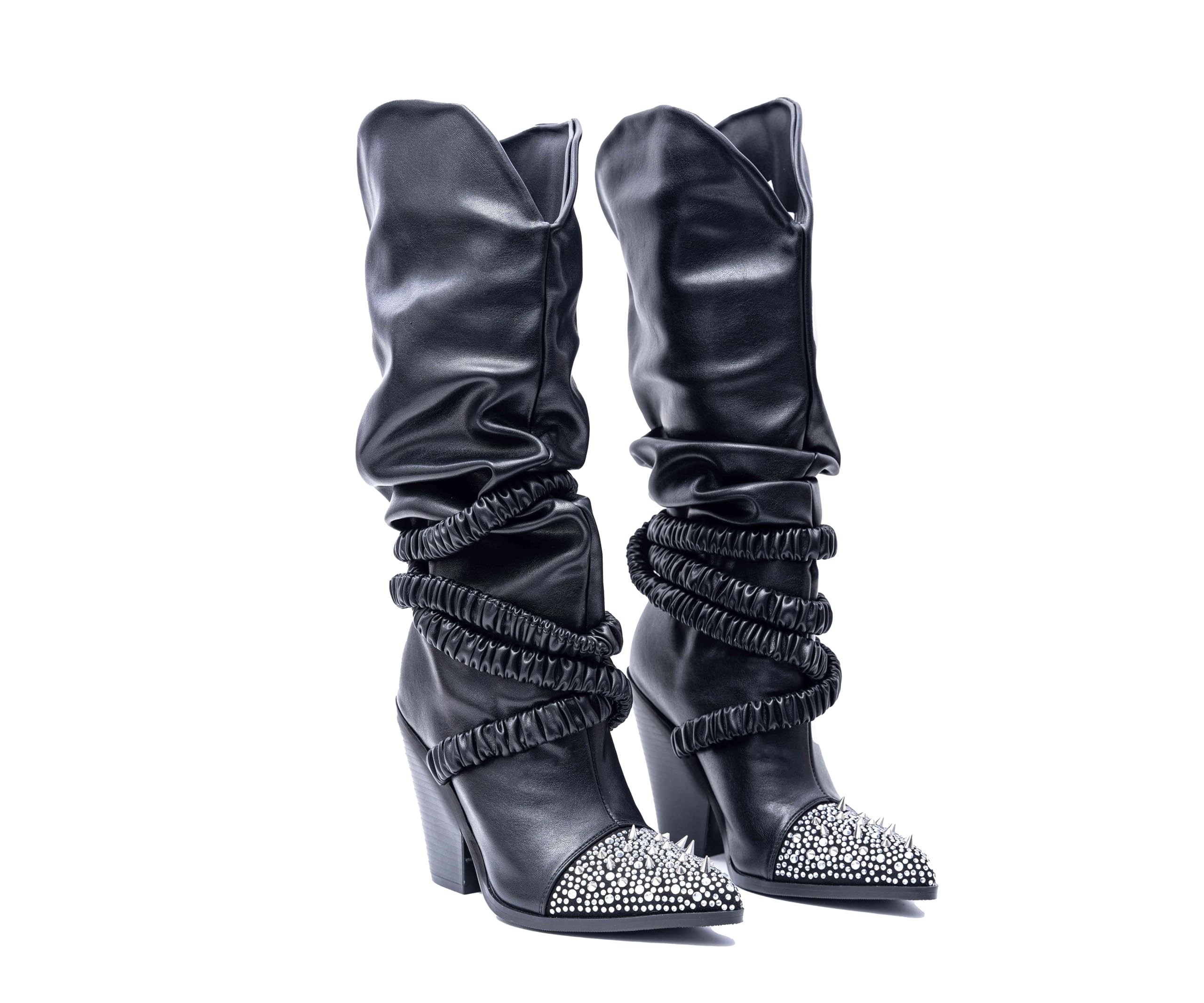 Chunky Heel Knee High Western Cowboy Boots Black Elastic Band Punk Rock Silver Studded Rhinestone Slip-On Long Boots