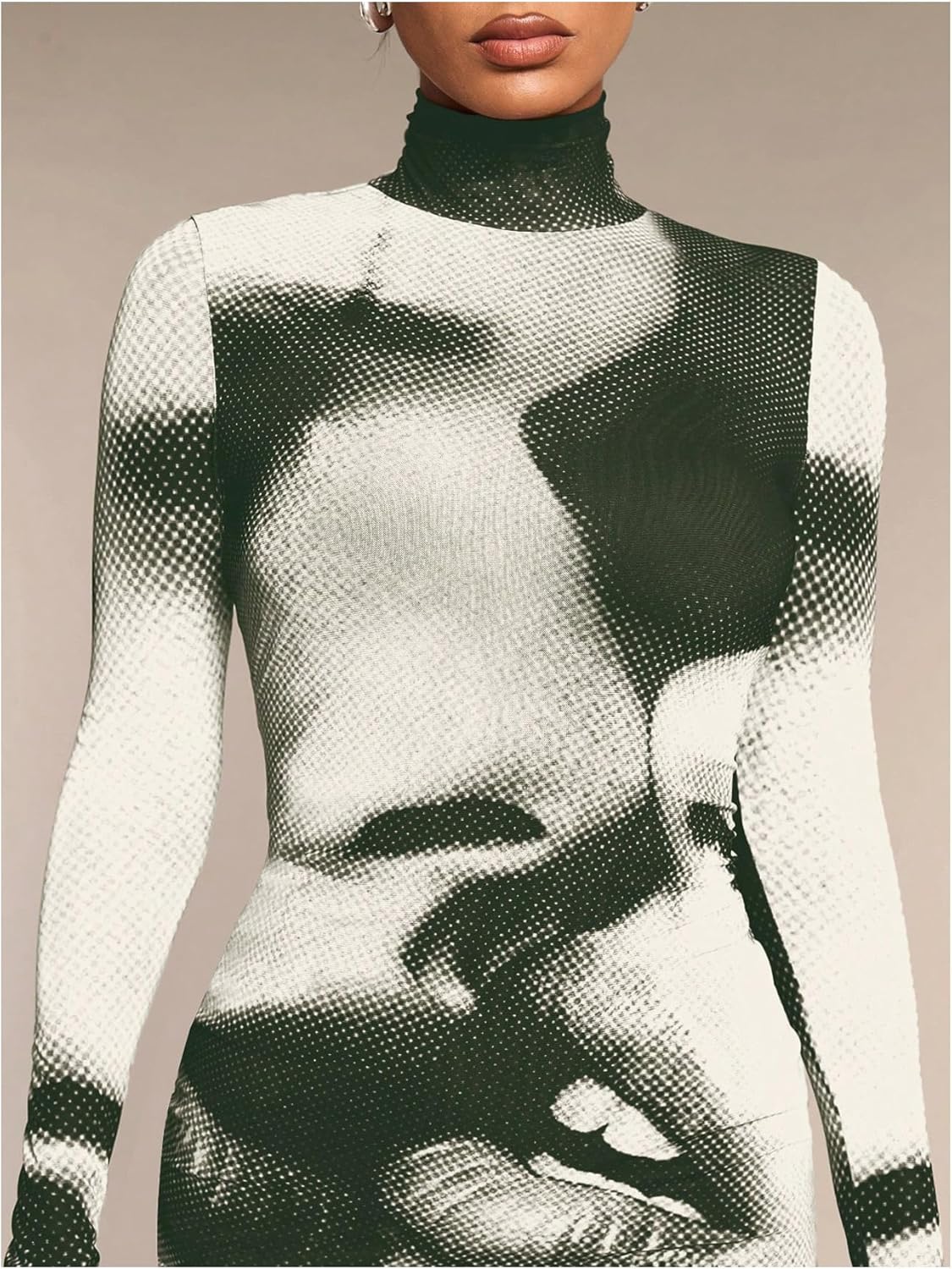 GORGLITTER Women's Mesh Y2K Rave Vegas Going Out Dress Outfits Long Sleeve Club Turtleneck Neck Newspaper Mini Dresses - Image 3