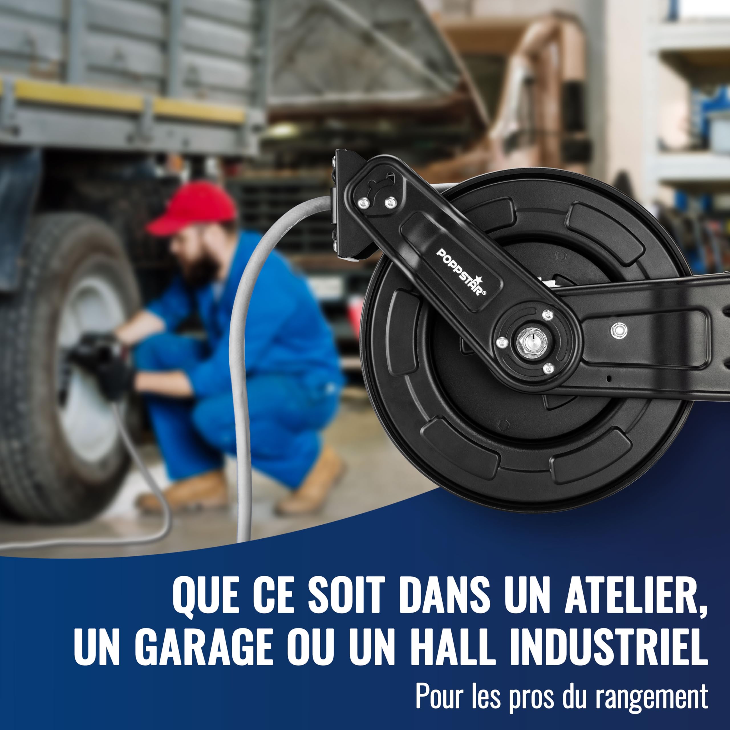 Poppstar Enrouleur de tuyau d'air comprimé en acier (20m+2m, diamètre (9,2x15mm)), raccords 1/4 pouce BSPT