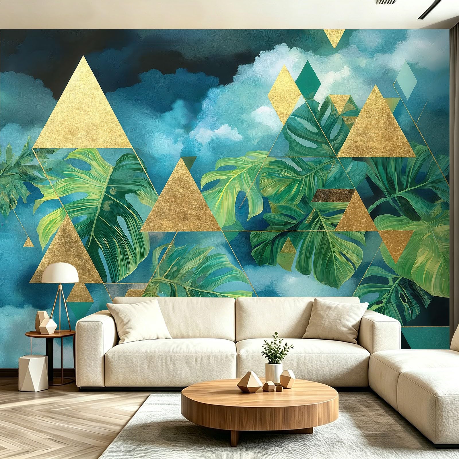 Panoramiczna tapeta z włókniny botaniczna monstera liście zielona geometria plakat obrazy ścienne używane do salonu dekoracja ścienna do pokoju dziecięcego 350 x 256 cm, dorośli